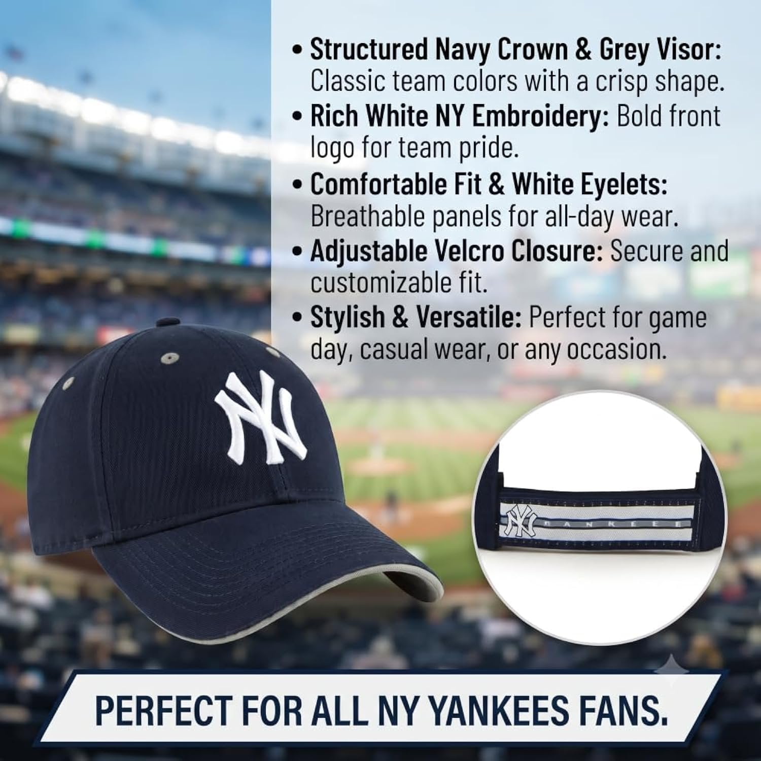 New York Yankees Hat Navy Blue MVP Cap with Gray Eyelets Adjustable Embroidered Sports Cap