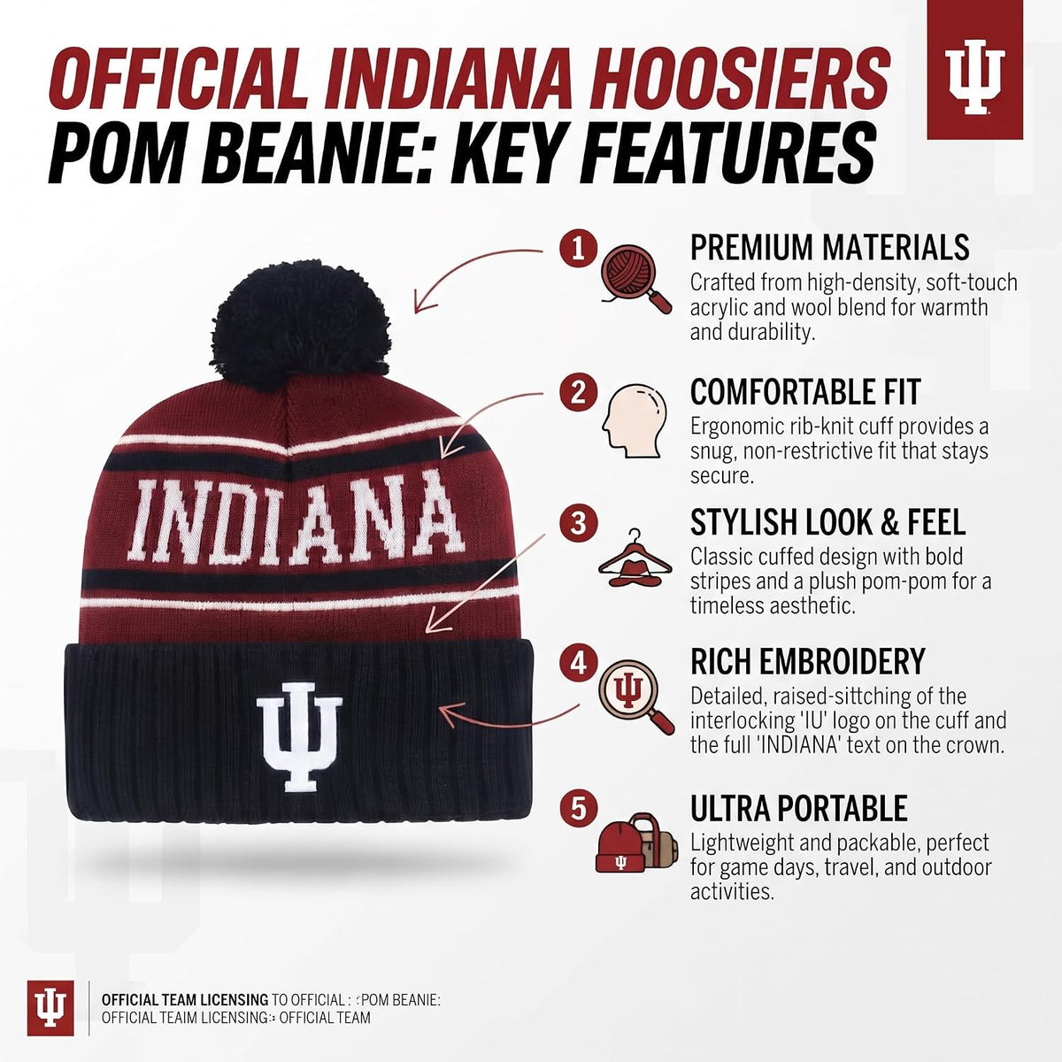 Indiana Hoosiers Multi Color Cuff Knit Pom Snappy Beanie with IU Logo