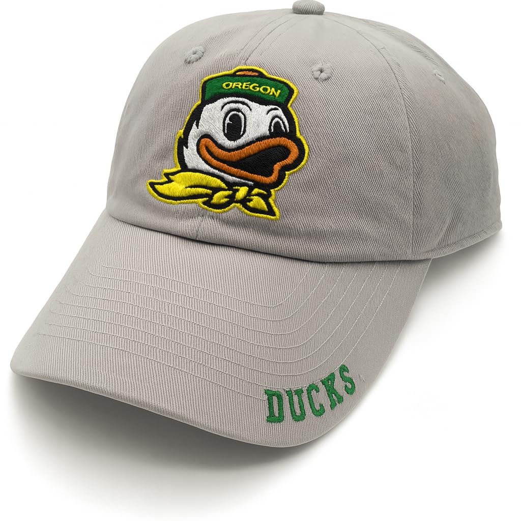Officially Licensed Oregon University Ducks Classic Edition Gray Clean Up Hat Adjustable Relaxed Fit Primary Mascot Embroidered Team Logo Sports Ball Cap
