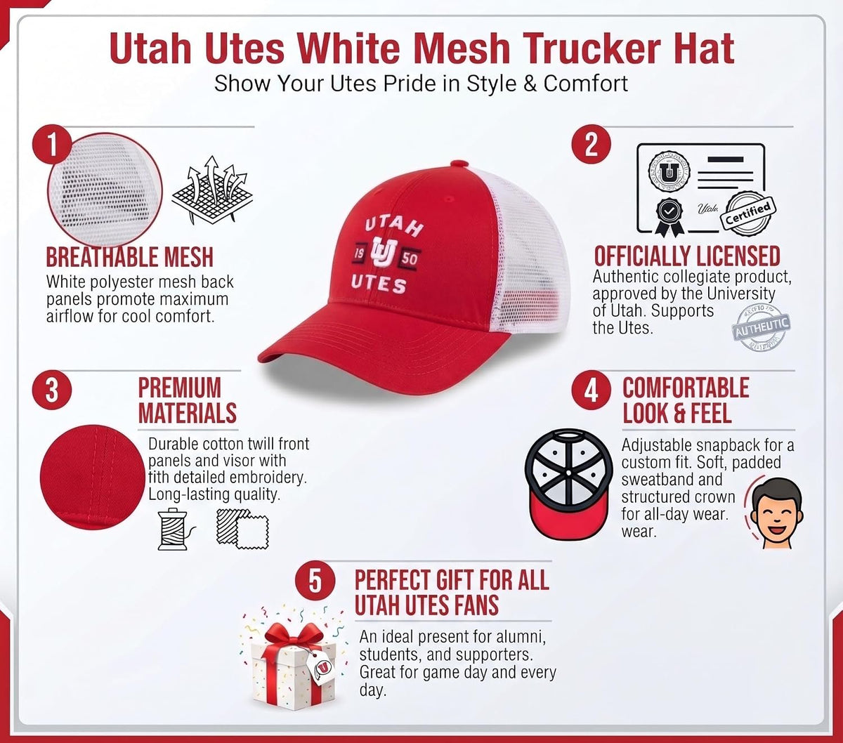 Utah Utes Red White Mesh Trucker Hat with UU Logo Adjustable Unisex Cap