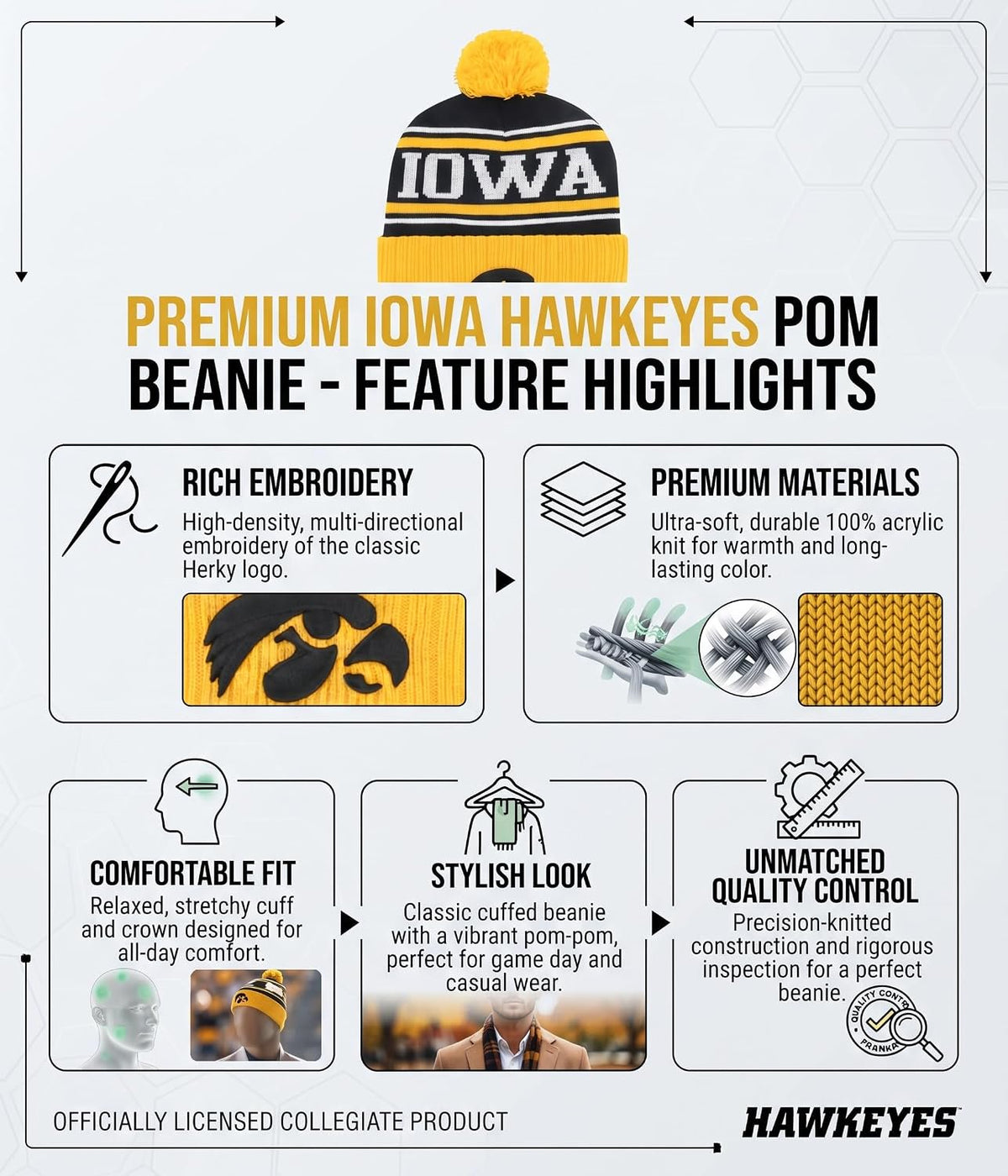Iowa Hawkeyes Knit Cuff Snappy Beanie with Pom, Black & Gold