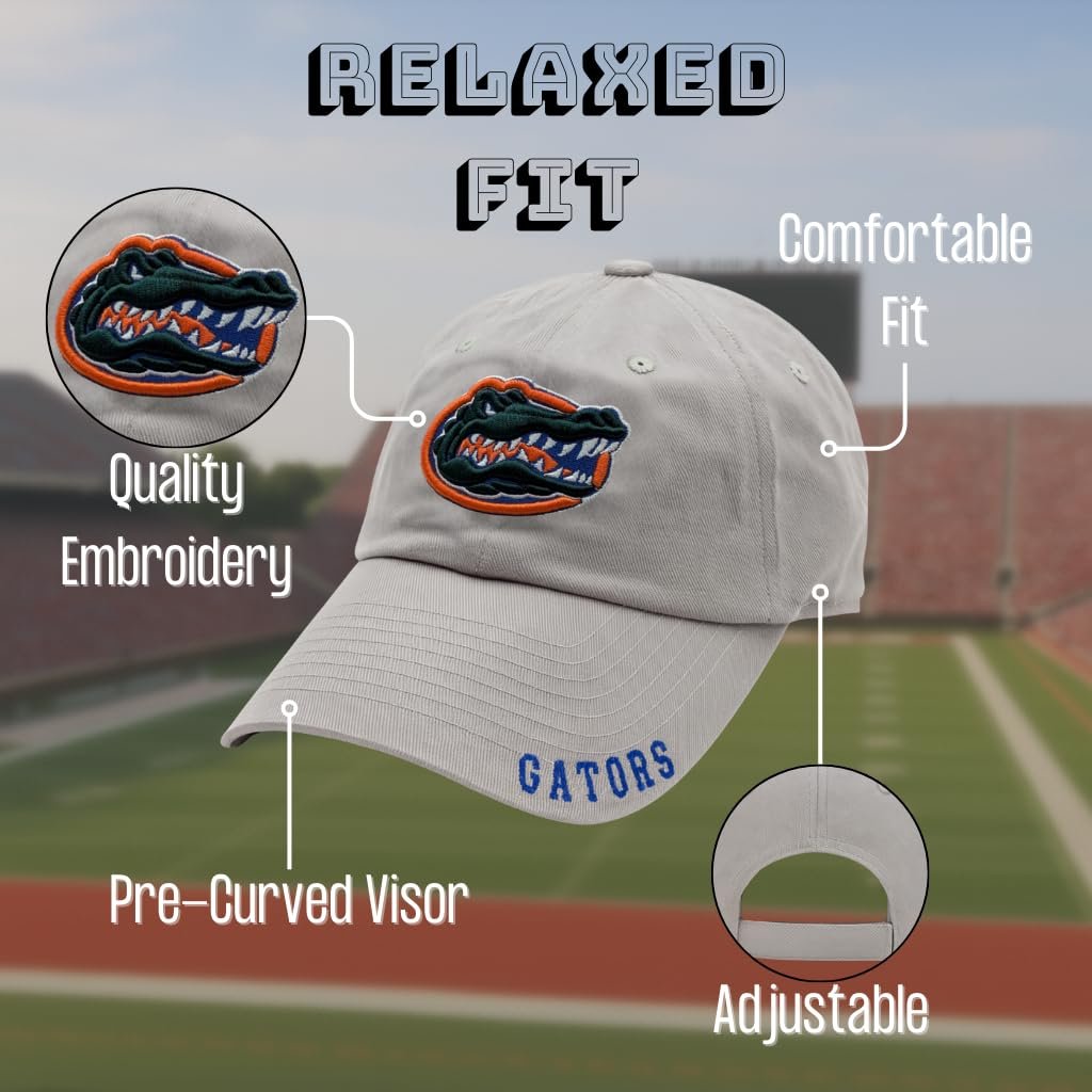 Officially Licensed University Florida Hat Classic Relaxed Fit Gators Team Logo Adjustable Embroidered Baseball Sports Gray Ball Cap