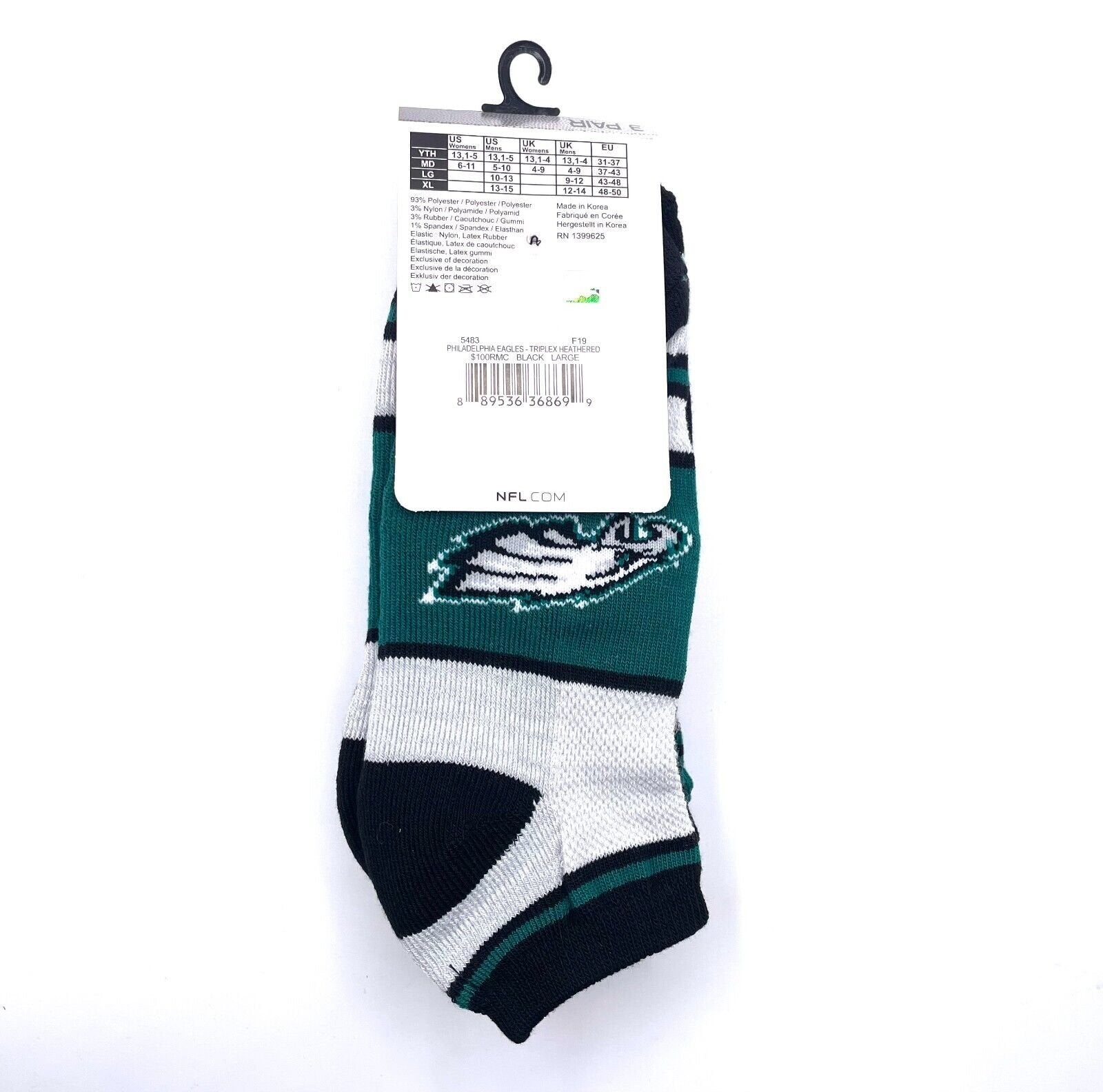 PHILADELPHIA EAGLES 3 PAIR NO SHOW SOCKS LARGE AUTHENTIC NFL FOOTBALL TEAM NEW