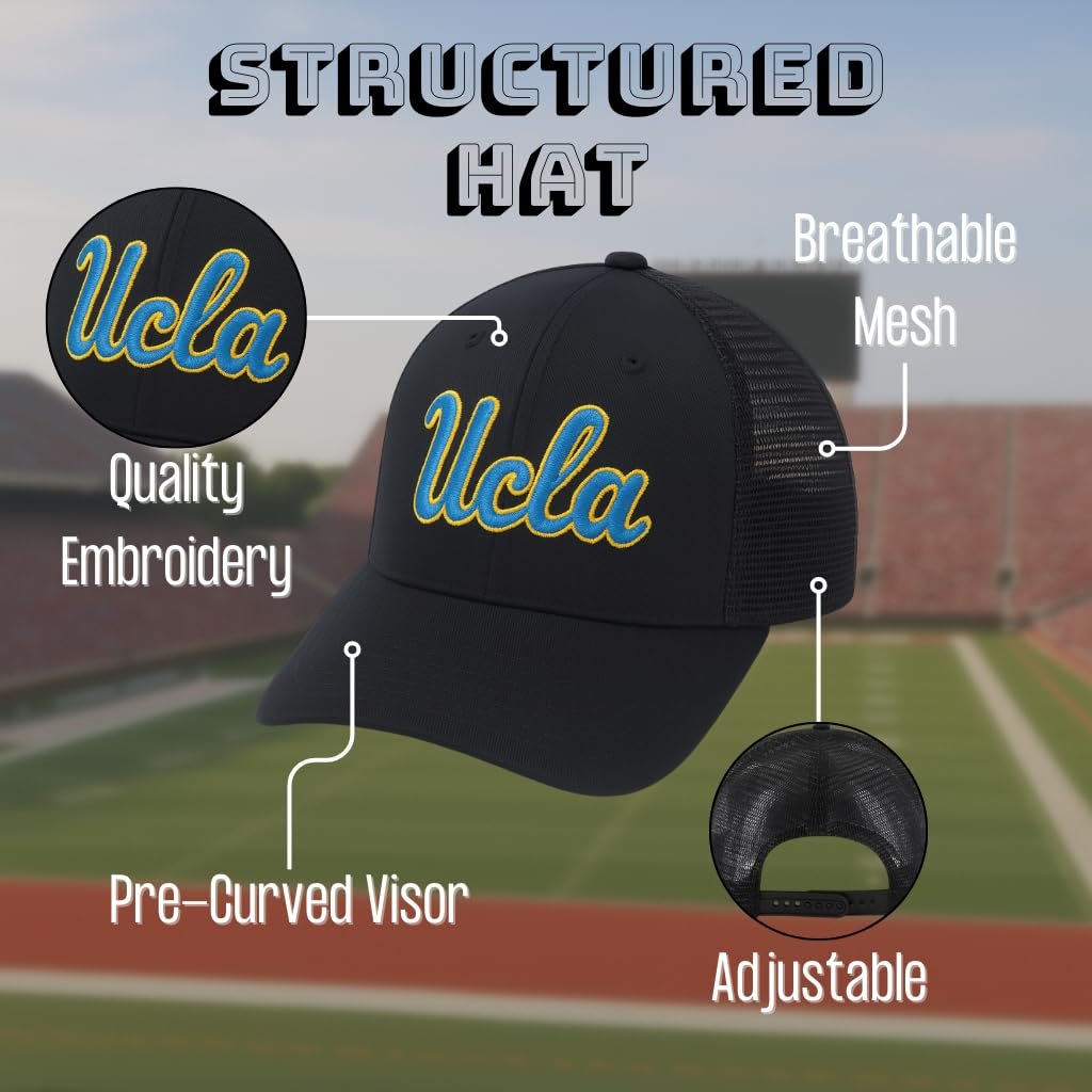 Officially Licensed University California Black Mesh Trucker MVP Hat Classic Edition Embroidered Team Logo Adjustable Structured Snapback Bruins Sports Cap