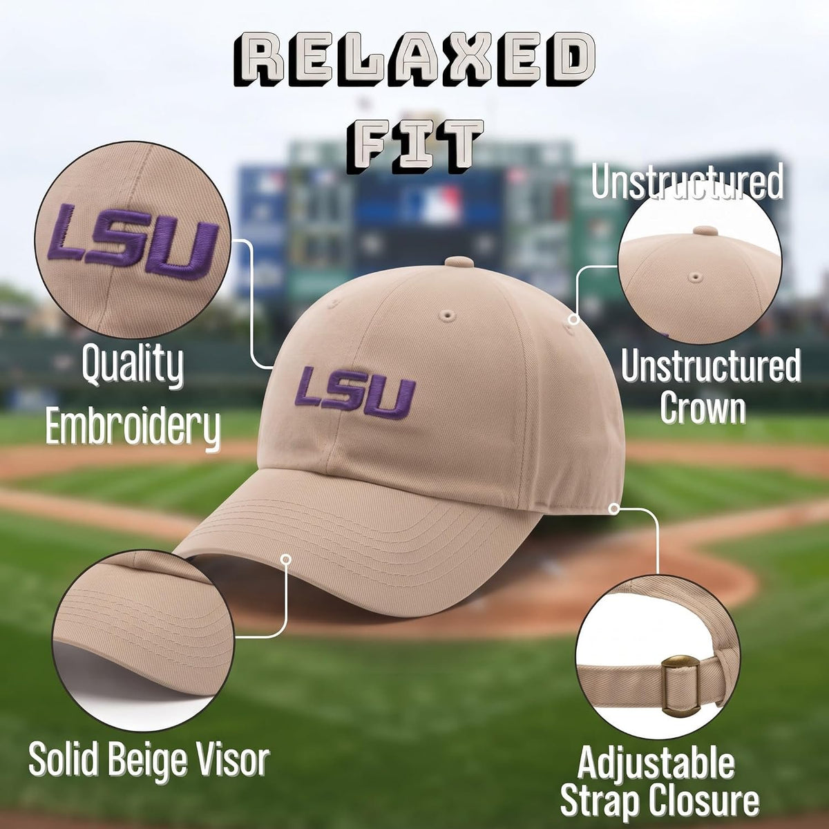 LSU Tigers Relaxed Fit Beige Hat with Purple Logo, Adjustable Unisex Cap