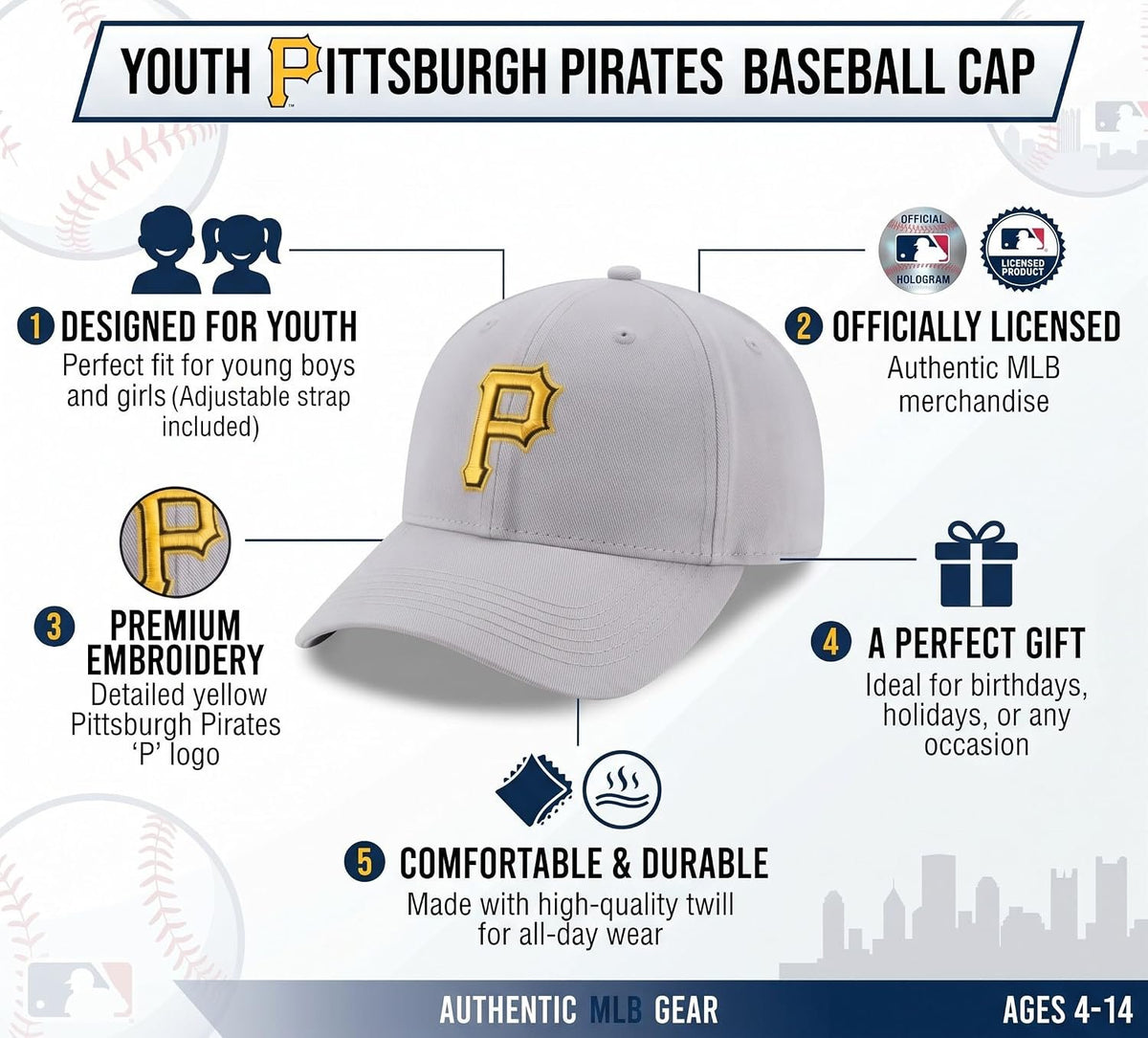 Pittsburgh Pirates Youth MVP Hat Gray with Yellow 'P' Logo Cap, Unisex