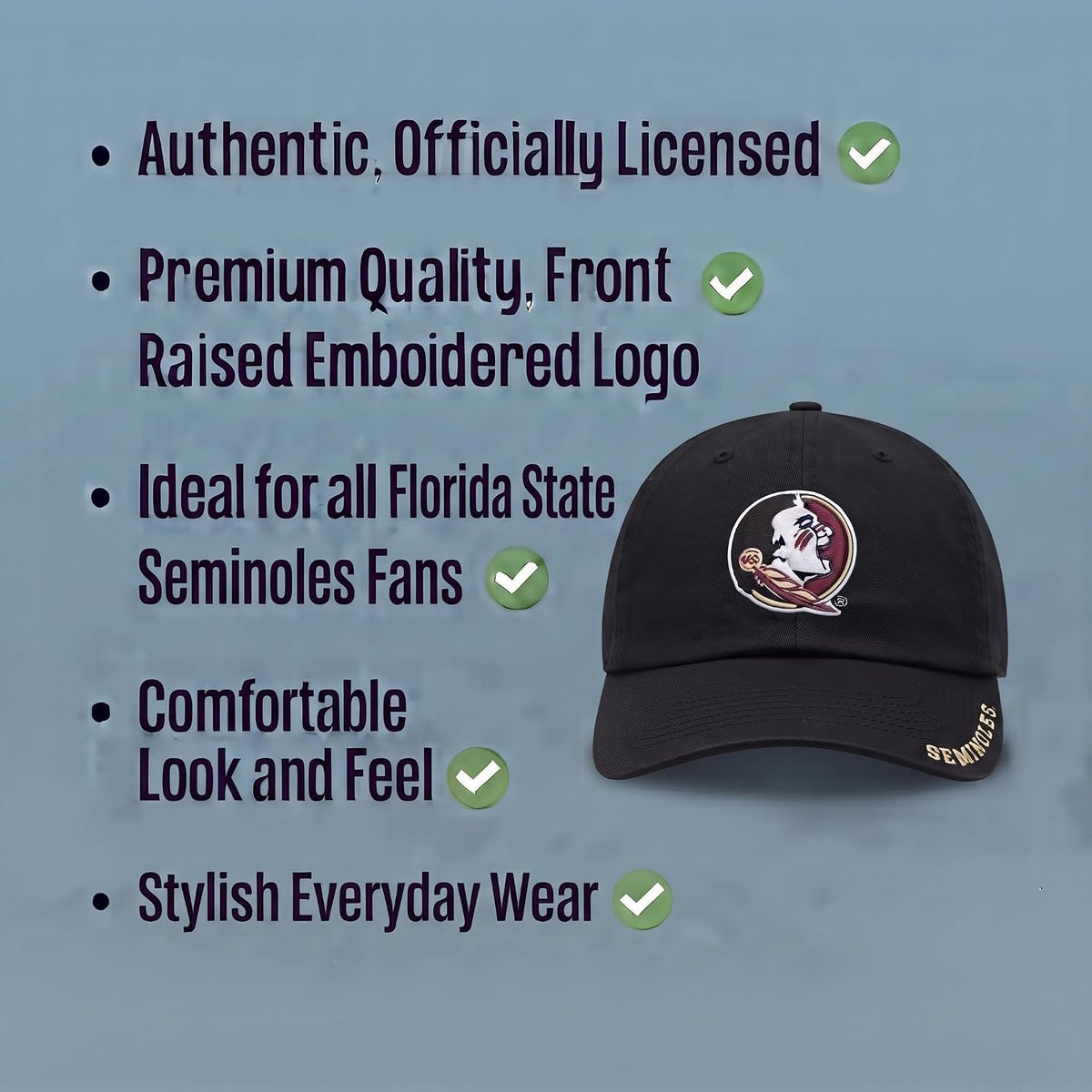 Officially Licensed Florida State Black Clean Up Hat Classic Edition Embroidered Primary Home Team Logo Adjustable Relaxed Fit Sports Cap