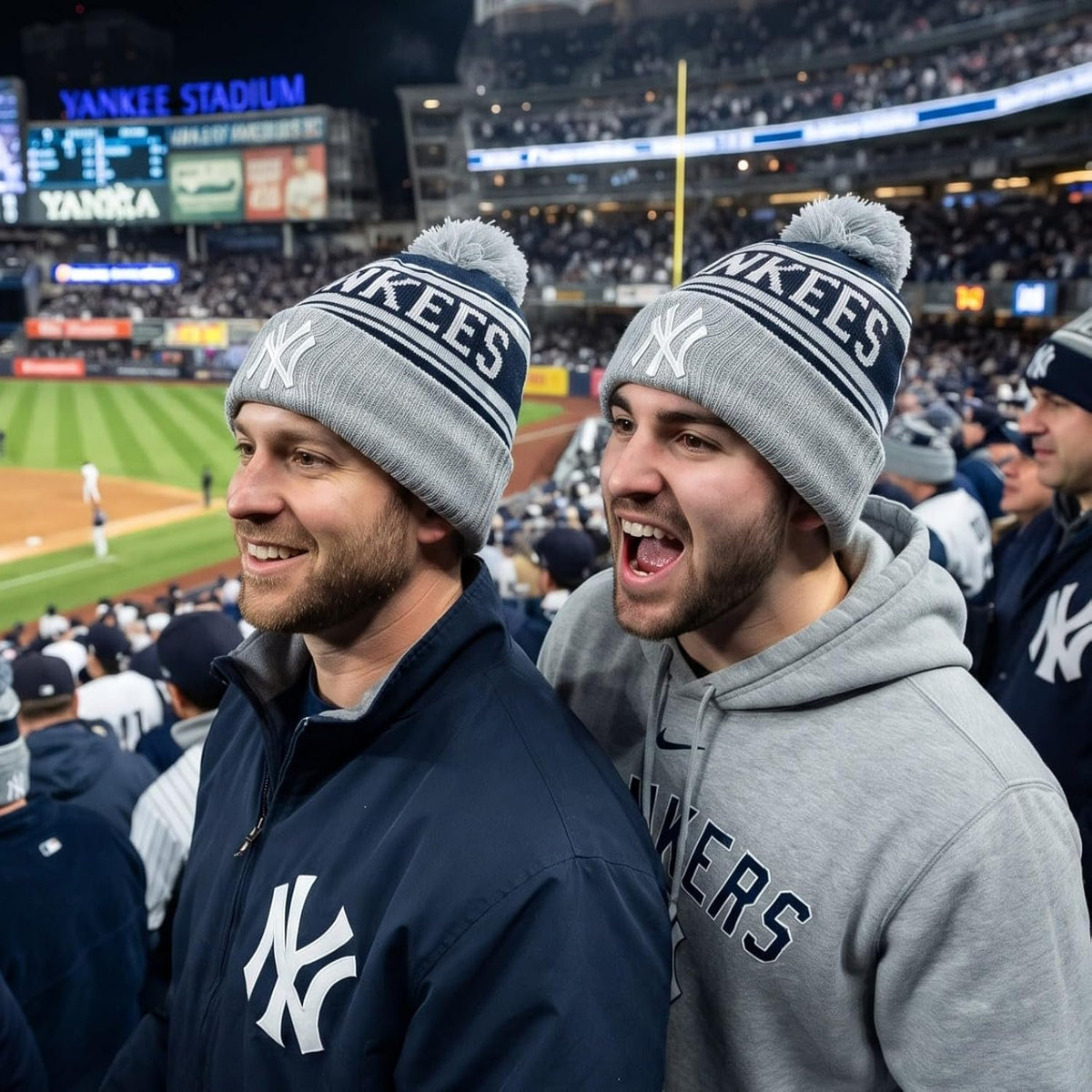 New York Yankees Navy & Gray Cuff Knit Pom Beanie, Iconic NY logo in front
