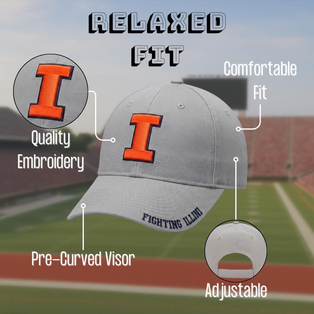 Officially Licensed University Illinois Illini Clean Up Hat Classic Primary Team Logo Adjustable Relaxed Fit Embroidered Baseball Sports Ball Cap