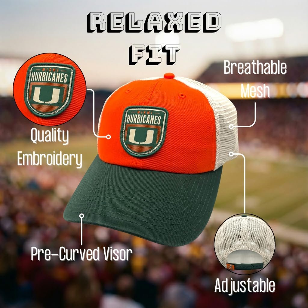 Officially Licensed University of Miami Hurricanes Hat Classic Relaxed Fit Hurricanes Team Logo Adjustable Mesh Trucker Snapback Baseball Sports Cap
