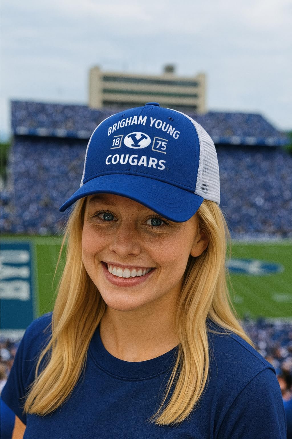 Officially Licensed BYU Cougars Classic Edition Mesh Trucker Hat White/Blue Adjustable Primary Team Logo Embroidered Structured Snapback Baseball Sports Cap