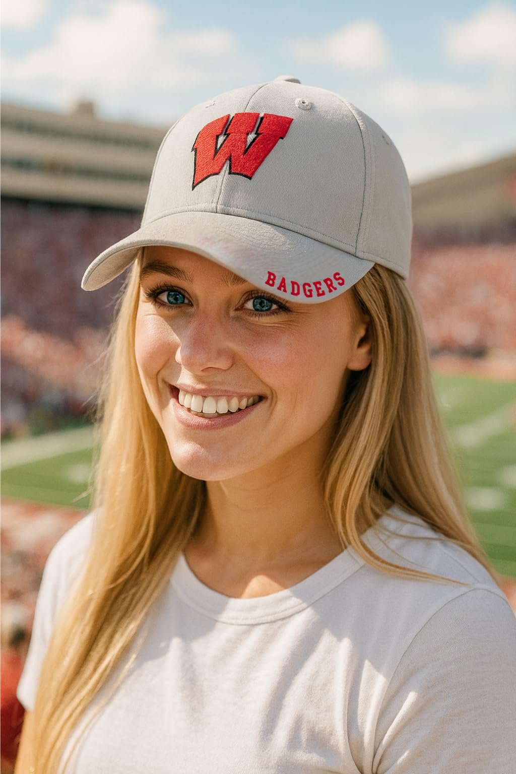 Officially Licensed University Wisconsin Badgers Classic Edition Gray/Red Clean Up Hat Primary Badgers Relaxed Fit Embroidered Team Logo Adjustable Sports Ball Cap