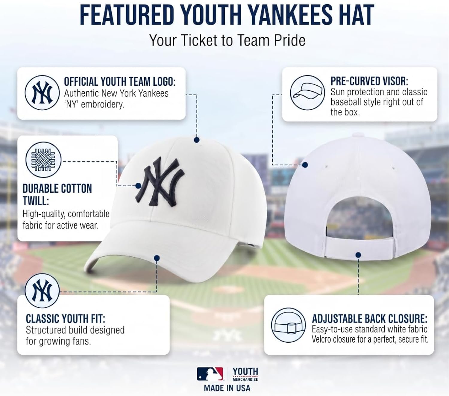 Officially Licensed New York Yankees Boys Girls White MVP Baseball Hat Adjustable Youth Sports Cap