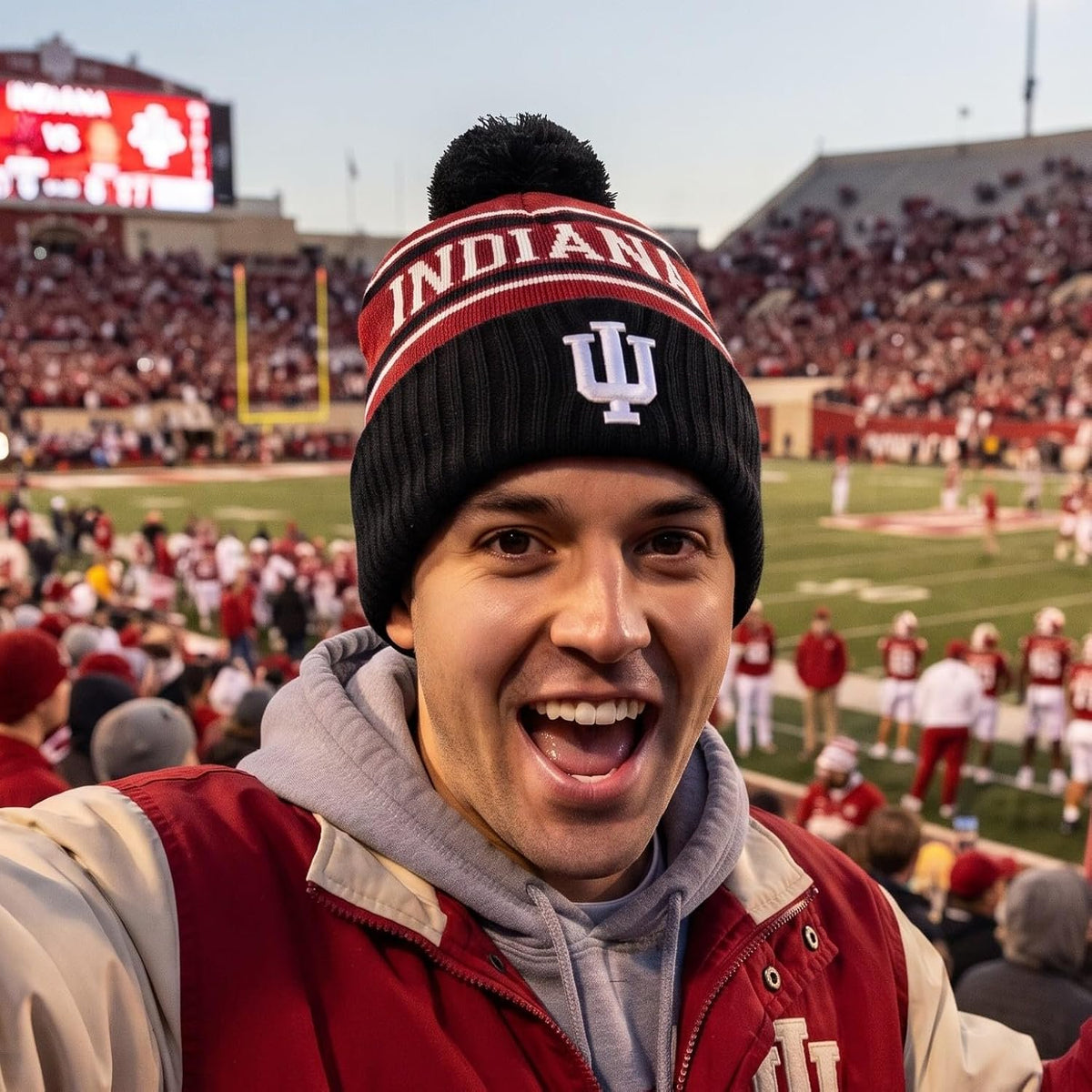 Indiana Hoosiers Multi Color Cuff Knit Pom Snappy Beanie with IU Logo