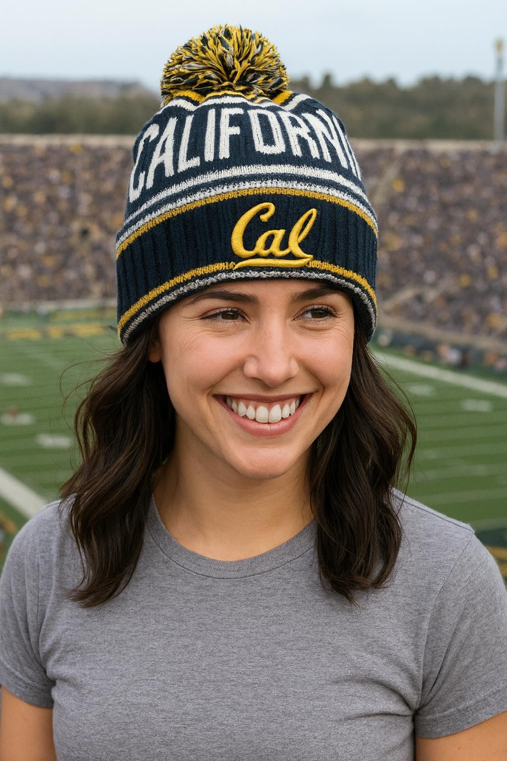 Officially Licensed Cal Berkeley Golden Bears Navy Cuffed Knit Pom Beanie Hat Classic Embroidered University Team Logo Blue Winter White Sports Cap