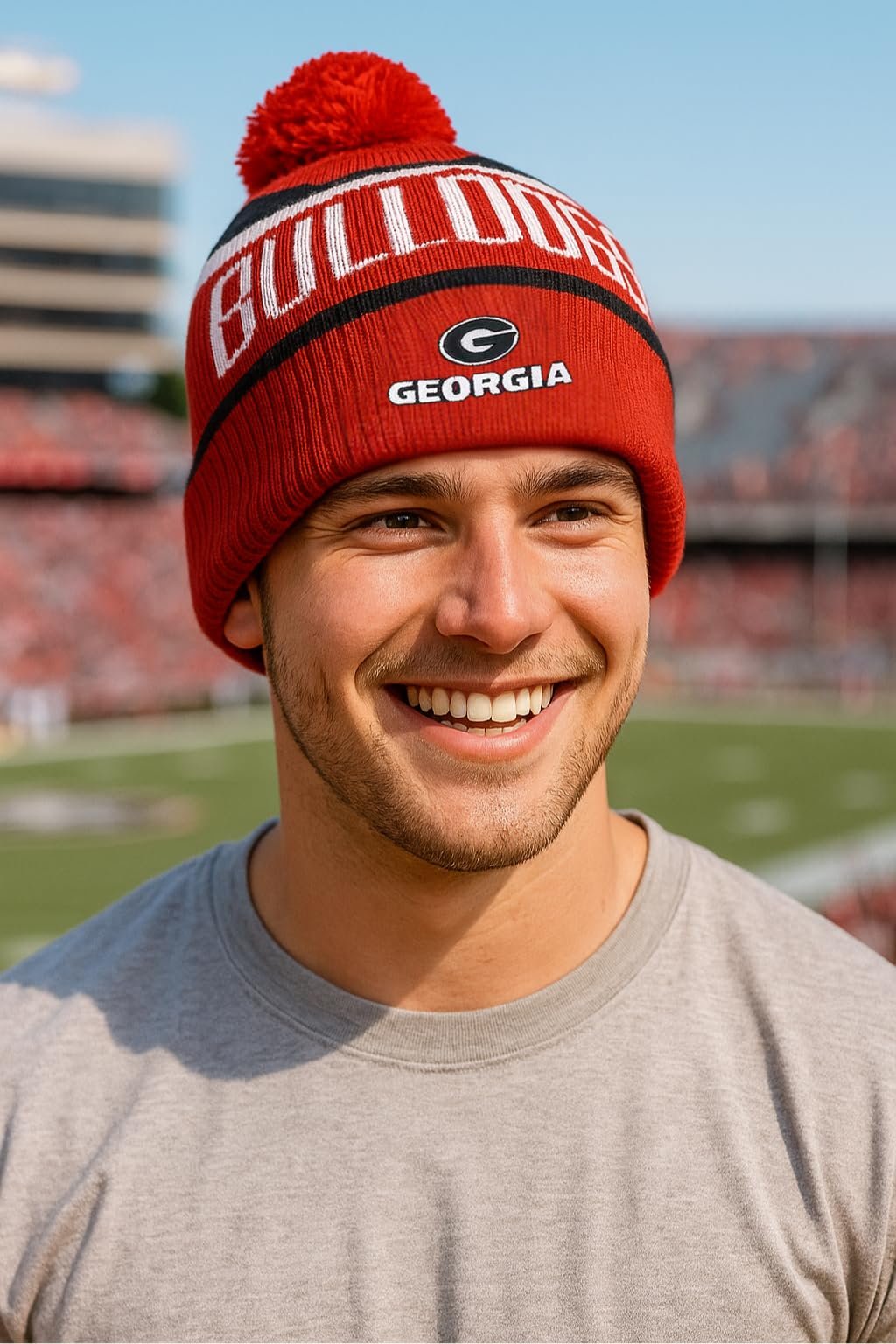 Officially Licensed Georgia Bulldogs Cuffed Knit Pom Beanie Hat Classic Edition Bulldogs Embroidered Team Logo Winter Cap Multicolor