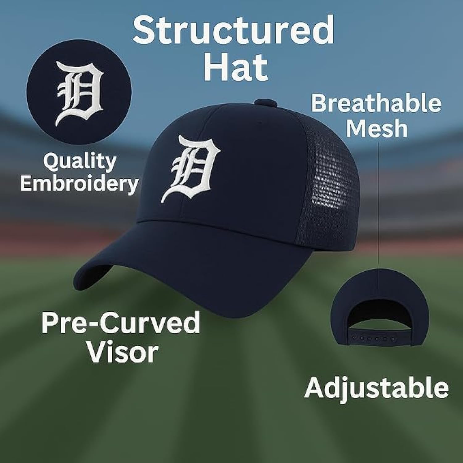 Officially Licensed Detroit Tigers Navy MVP Mesh Trucker Hat with White D Logo Embroidery Adjustable Sports Cap