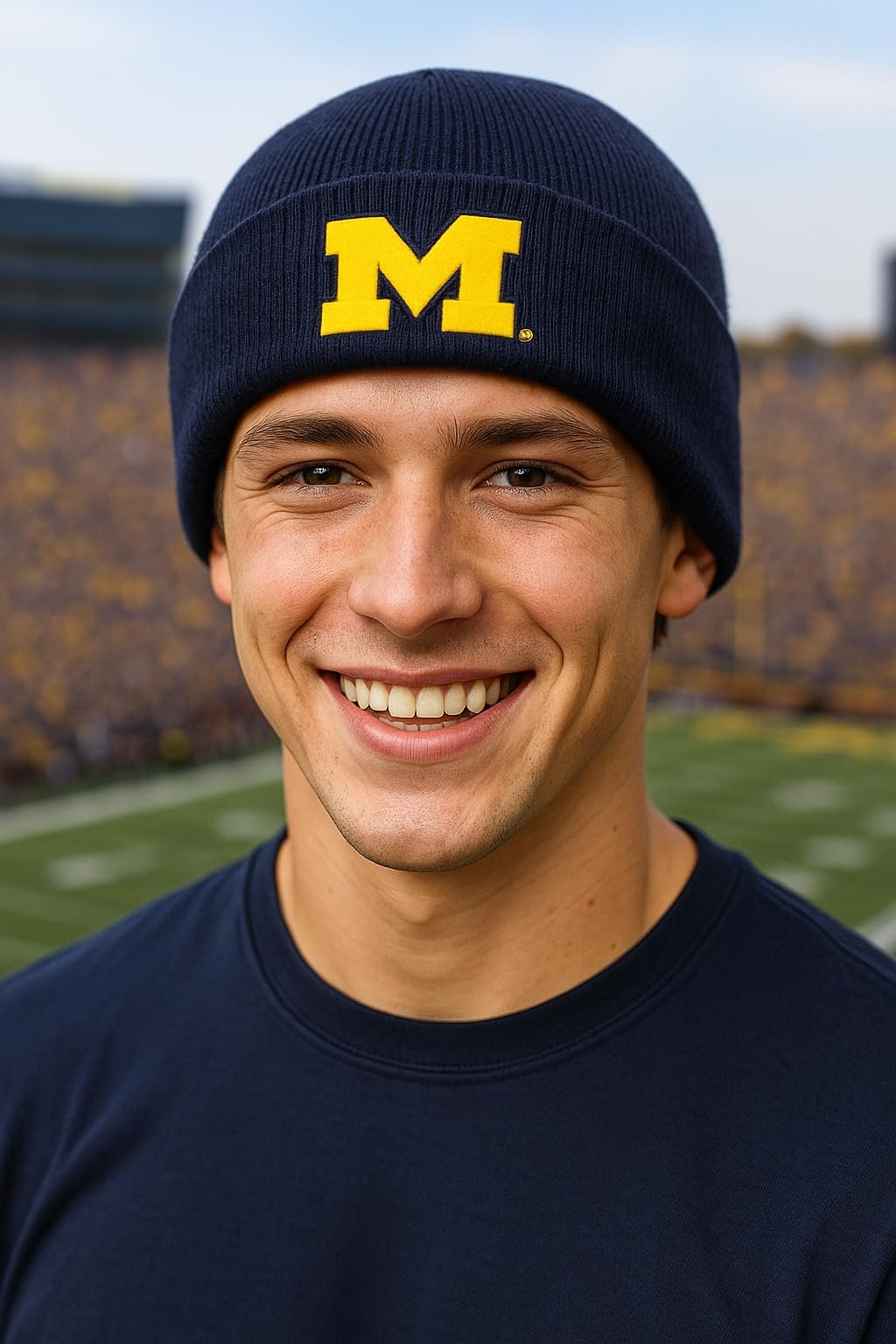 Officially Licensed Michigan Wolverines Cuffed Knit Navy Blue Beanie Hat Classic Primary Team Logo Embroidered University Cold Weather Cap