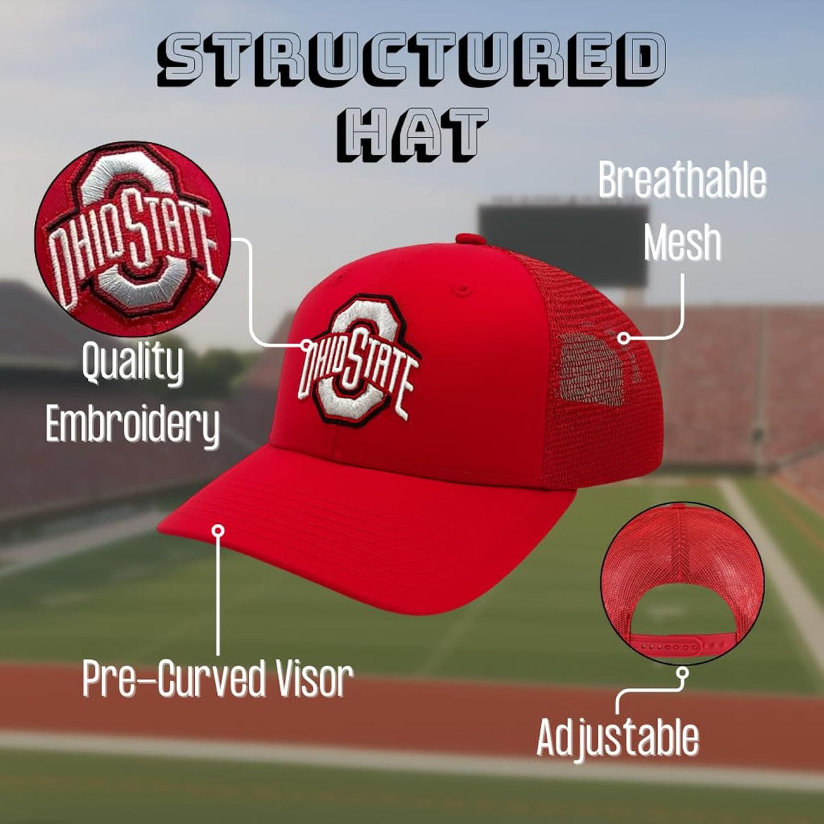 Officially Licensed Ohio State Red Mesh Trucker Sports Hat Classic Buckeyes Embroidered Team Logo Adjustable Structured Snapback Cap