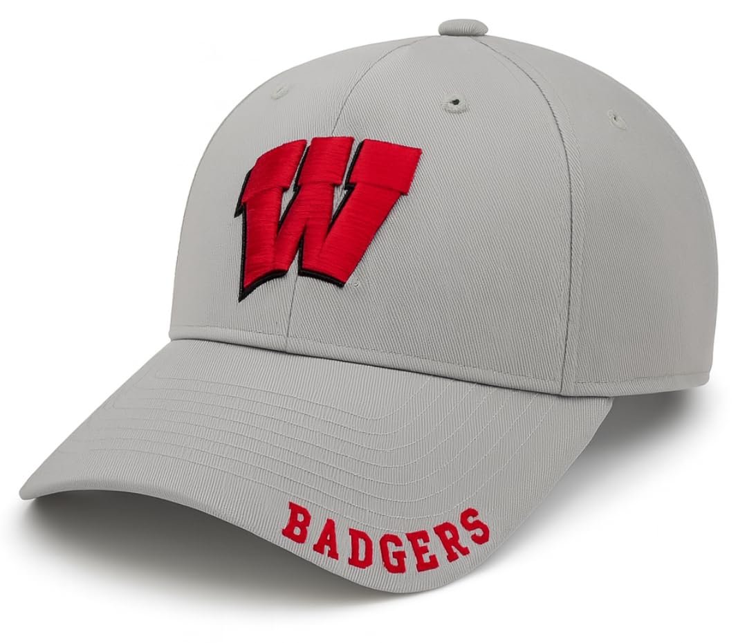 Officially Licensed University Wisconsin Badgers Classic Edition Gray/Red Clean Up Hat Primary Badgers Relaxed Fit Embroidered Team Logo Adjustable Sports Ball Cap