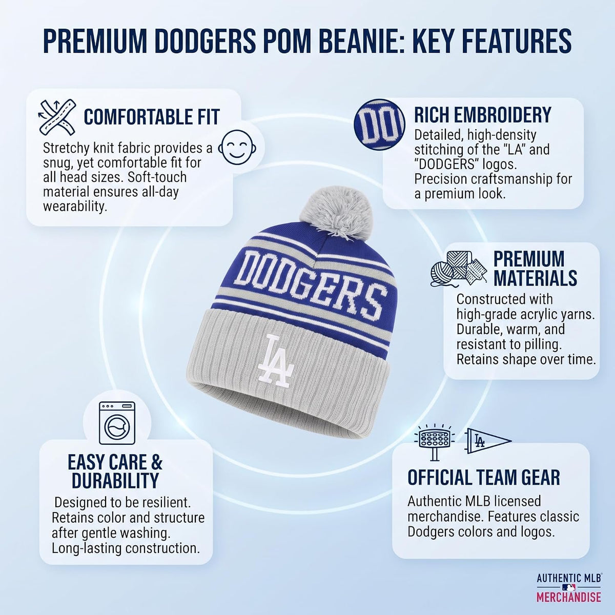 Los Angeles Dodgers Blue Gray Cuff Knit Pom Beanie, Iconic LA Logo in Front