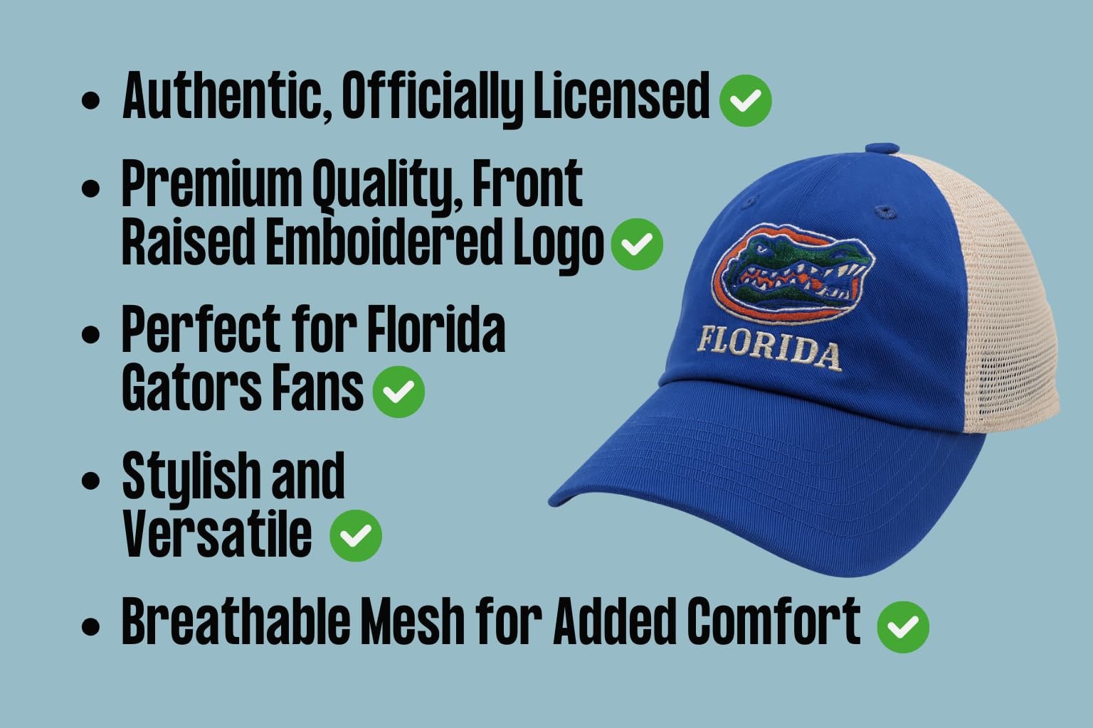 Officially Licensed University Florida Gators Mesh Trucker Hat Classic Blue/Khaki Embroidered Gators Team Logo Adjustable Snapback Sports Baseball Cap