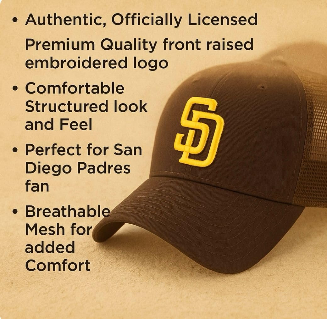 Officially Licensed San Diego Baseball Mesh Trucker Brown MVP Hat Classic Adjustable Embroidered Home Team Logo Structured Snapback Sports Cap