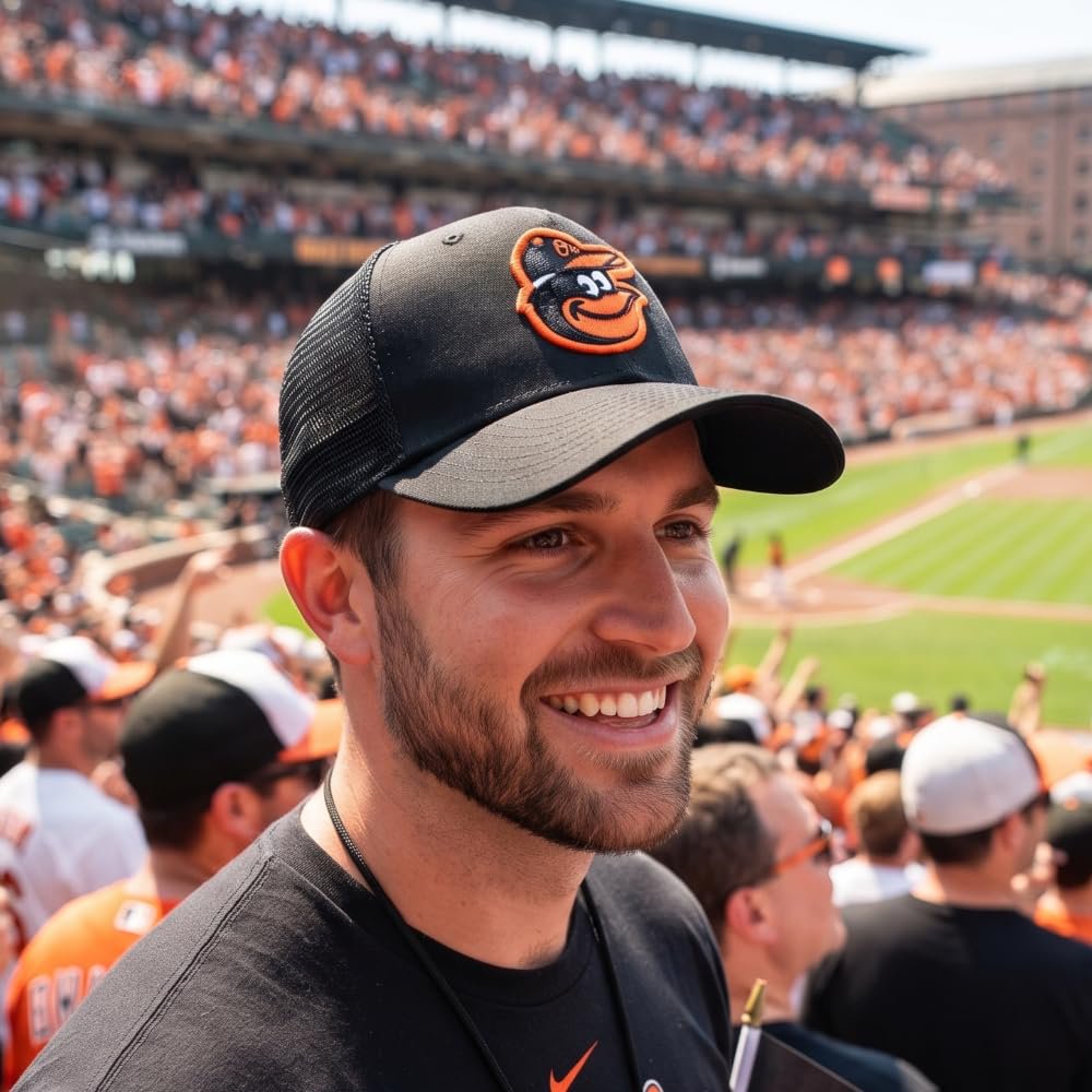 Officially Licensed Baltimore MVP Classic Primary Home Team Logo Black/Orange Mesh Trucker Snapback Hat Adjustable Embroidered Structured Sports Ball Cap
