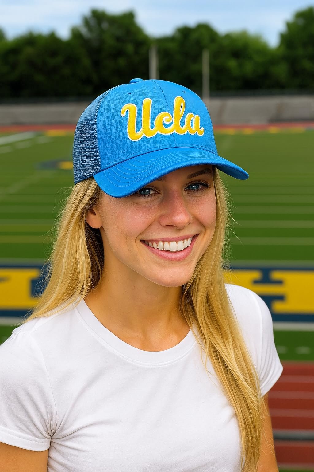 Officially Licensed University California Blue Mesh Trucker MVP Hat Classic Embroidered Bruins Team Logo Adjustable Structured Snapback Sports Cap