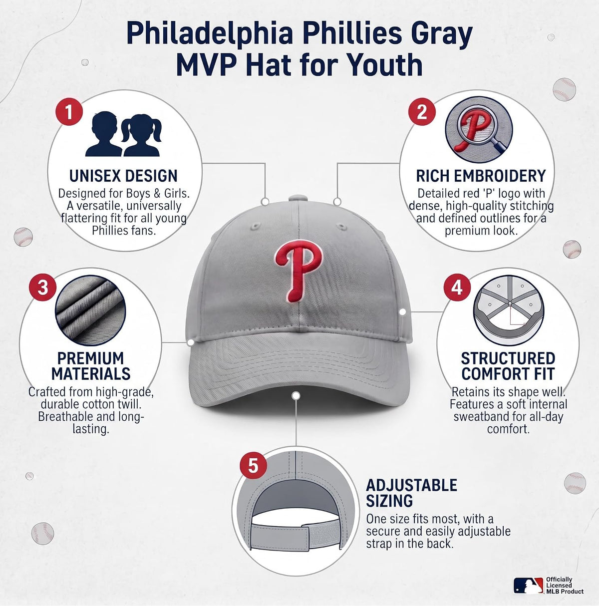 Philadelphia Phillies Gray MVP Youth Hat Embroidered Cap for Boys and Girls