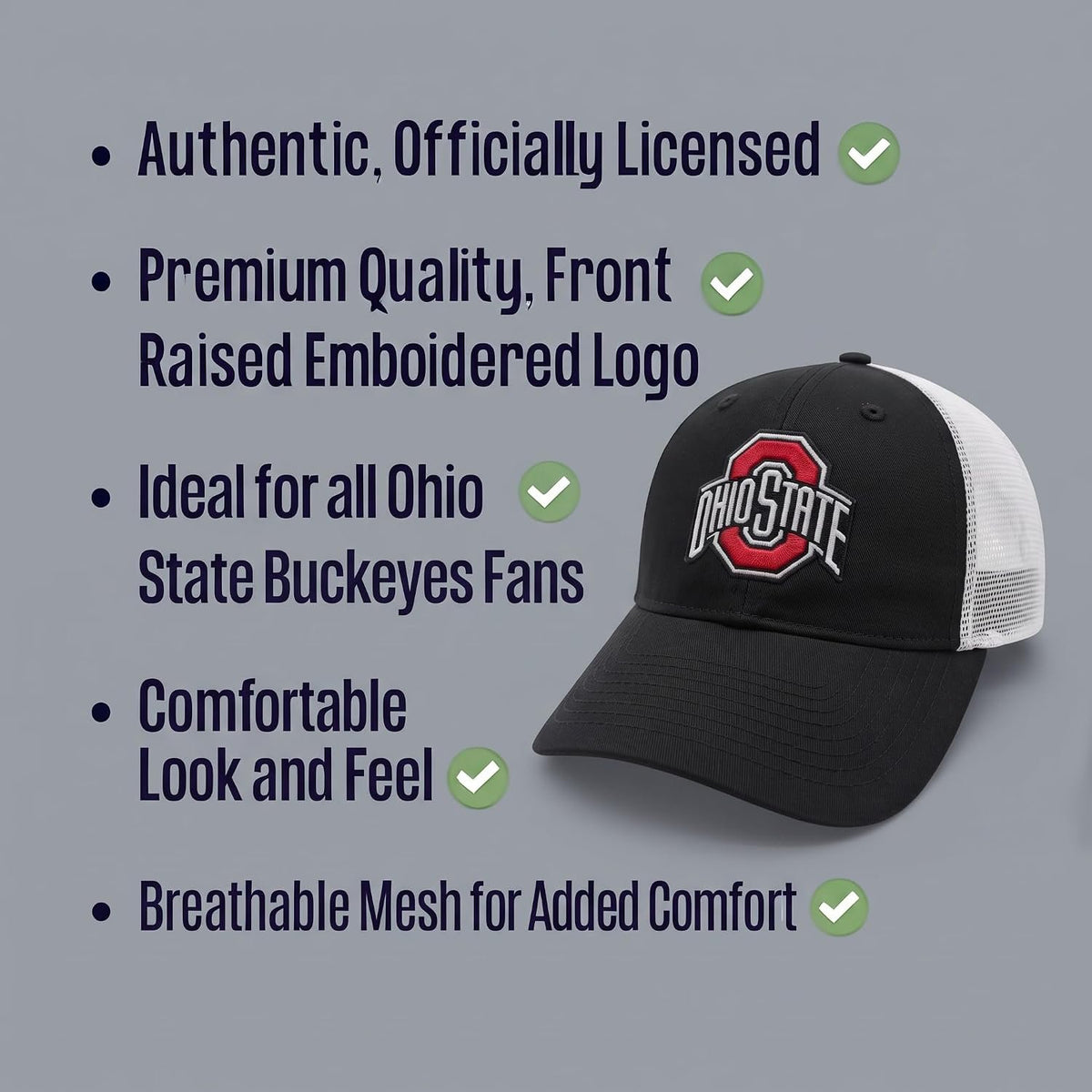 Ohio State Buckeyes Black & White Trucker Hat Embroidered Unisex Mesh Cap