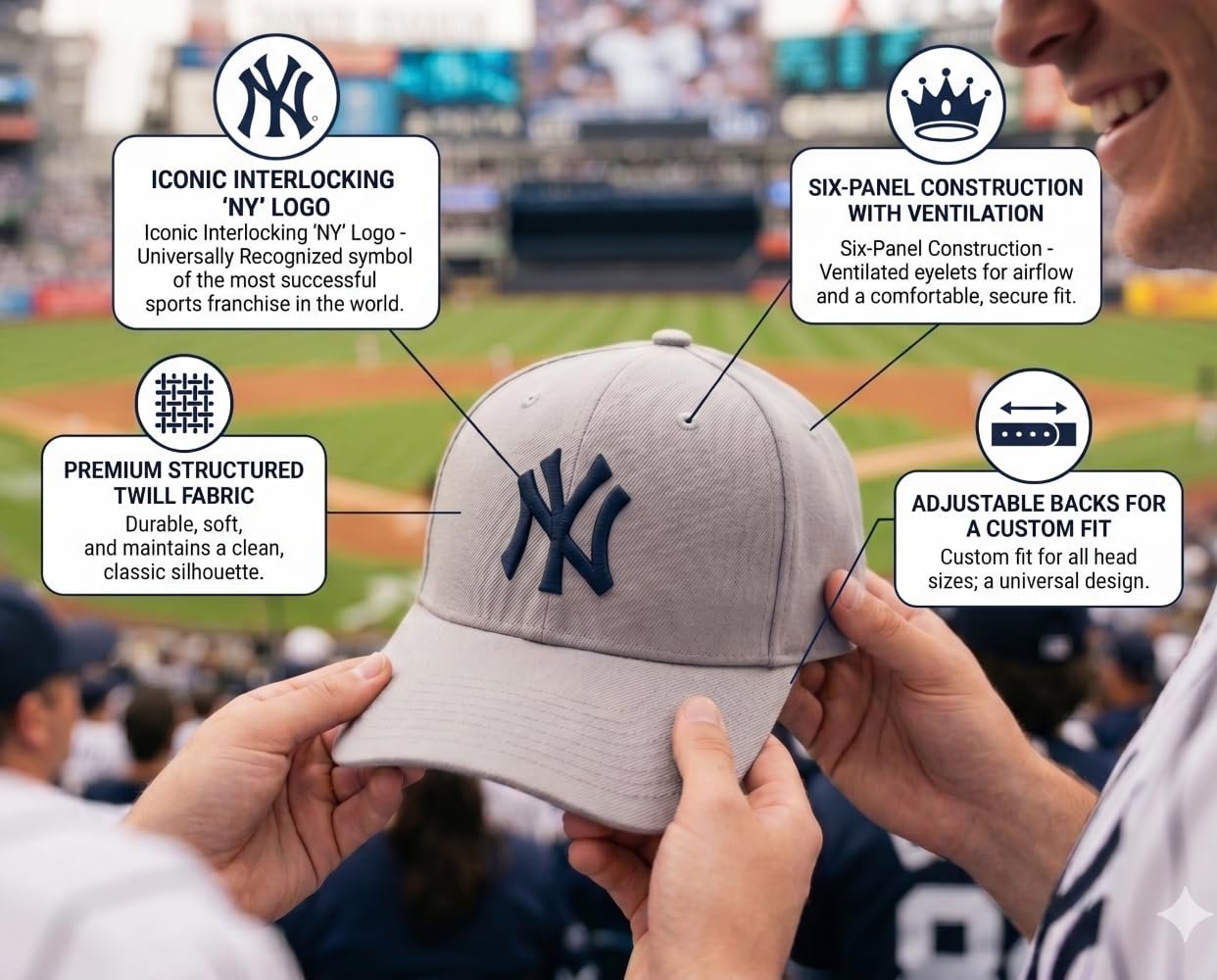 Officially Licensed New York Yankees Classic Edition Gray Hat Embroidered Iconic Navy NY Logo Adjustable Hat