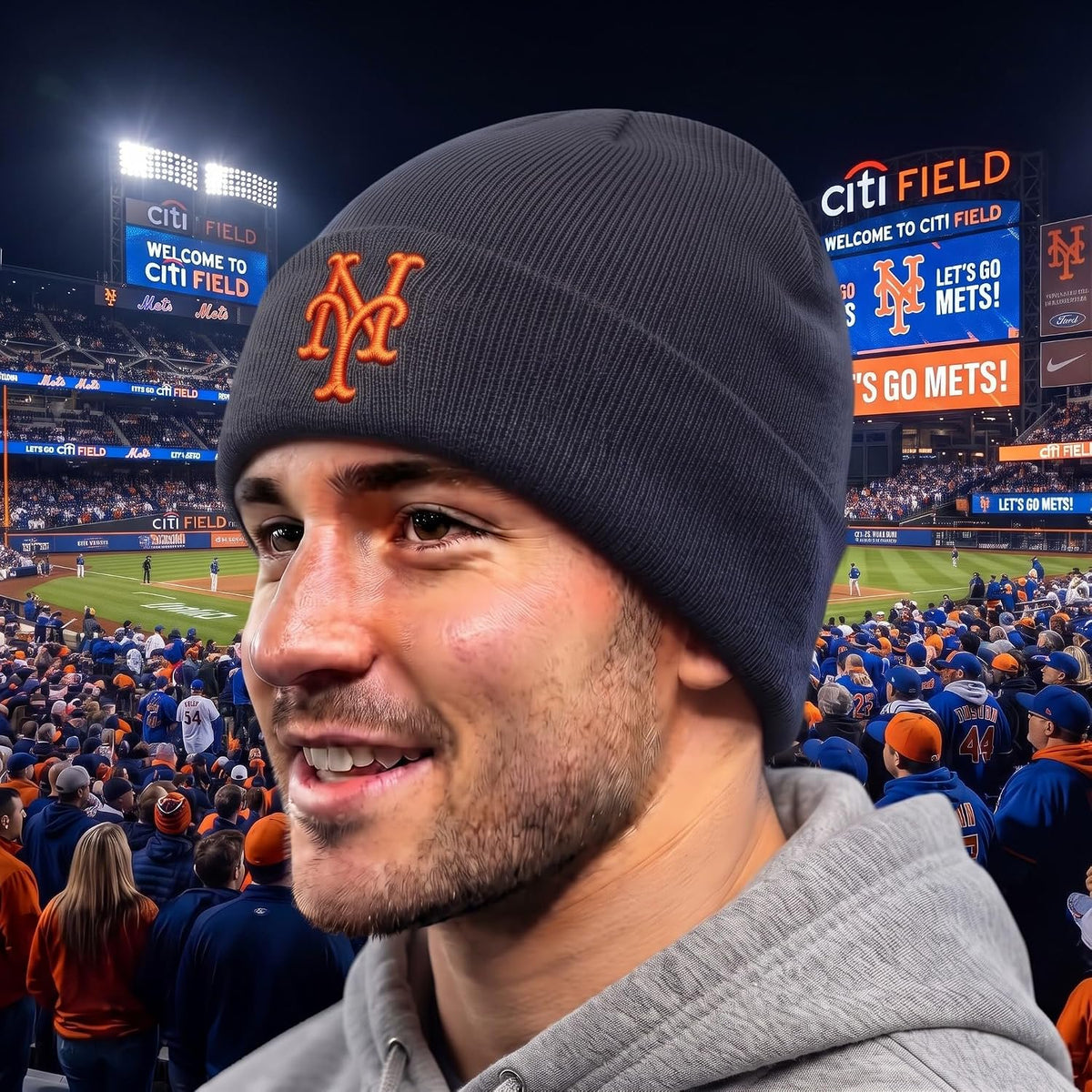 New York Mets Charcoal Cuff Knit Beanie Orange 'NY' Logo Embroidery