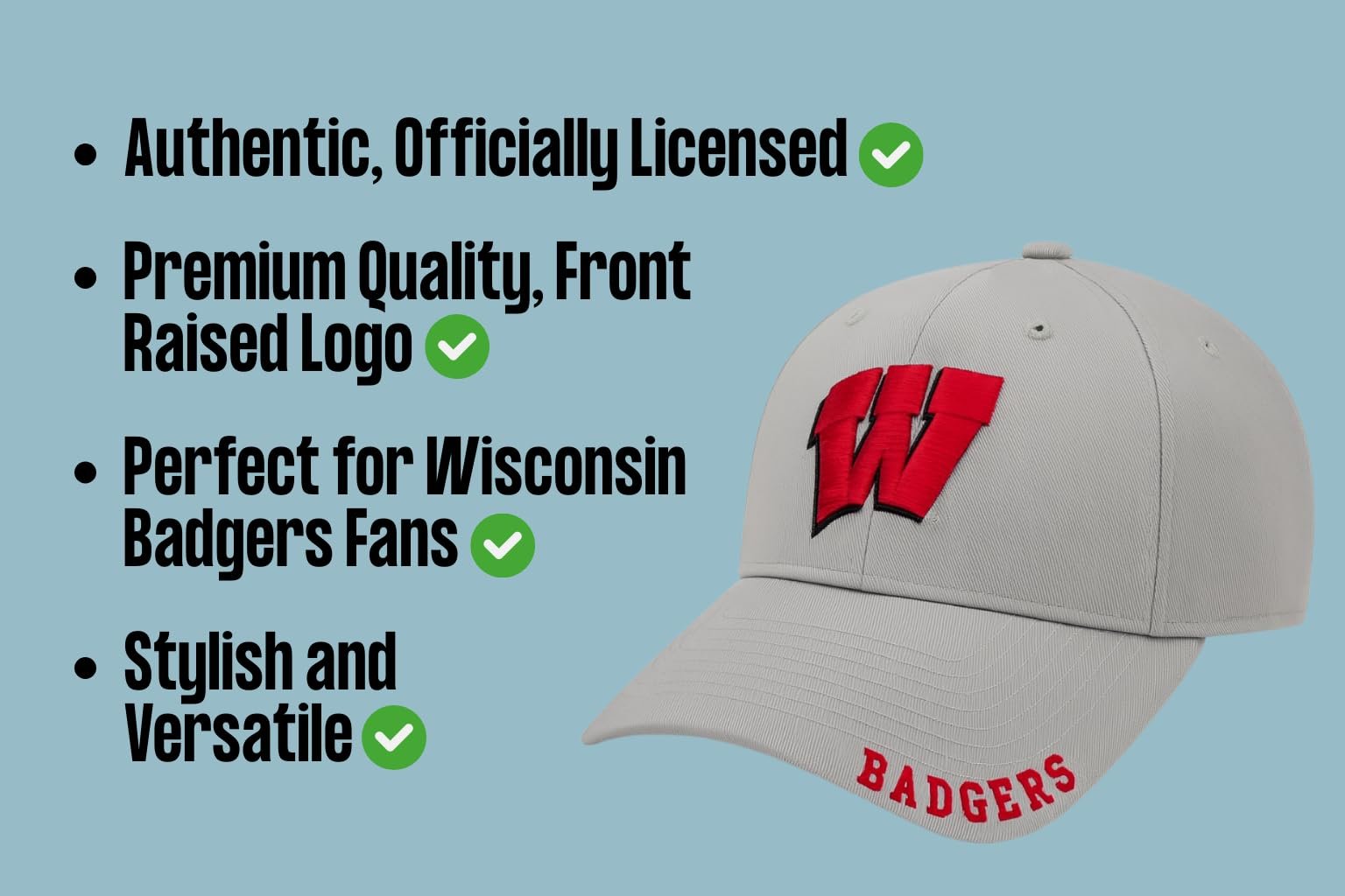 Officially Licensed University Wisconsin Badgers Classic Edition Gray/Red Clean Up Hat Primary Badgers Relaxed Fit Embroidered Team Logo Adjustable Sports Ball Cap