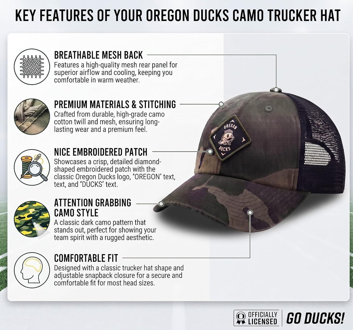 Oregon Ducks Camo Mesh Trucker Hat with Embroidered Patch Logo, Unisex Cap