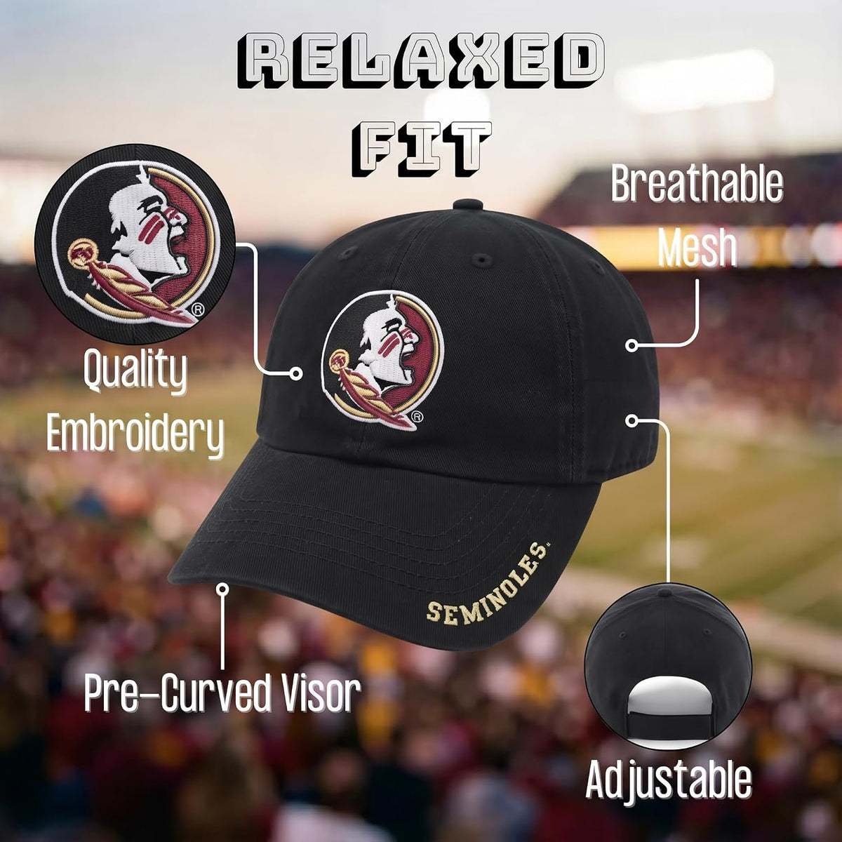 Officially Licensed Florida State Black Clean Up Hat Classic Edition Embroidered Primary Home Team Logo Adjustable Relaxed Fit Sports Cap