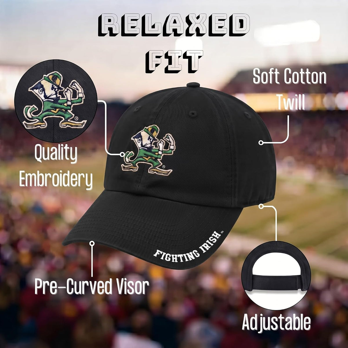 Notre Dame Relaxed Fit Black Captain Hat Embroidered Fighting Irish Cap