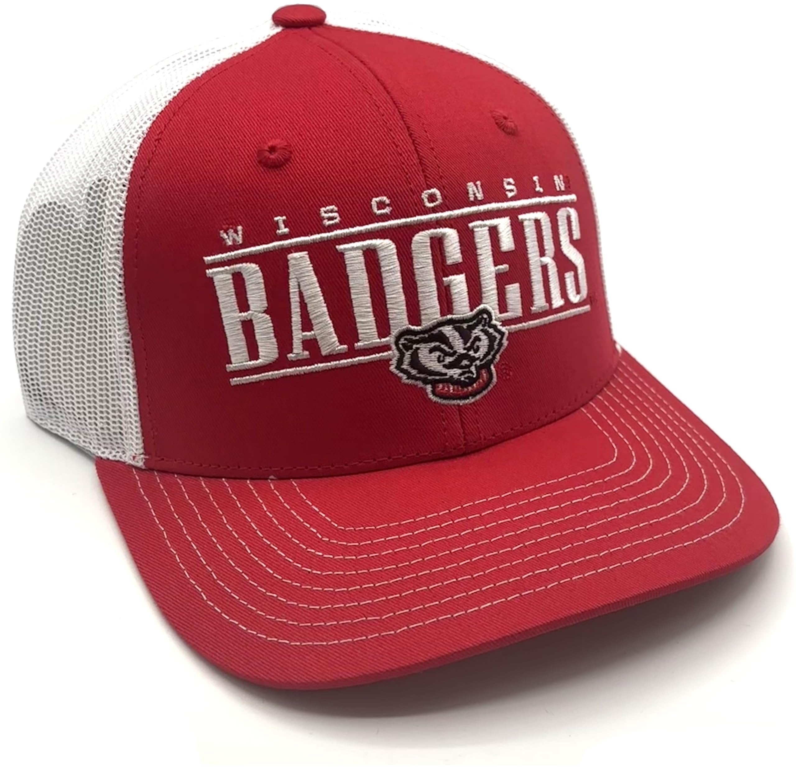 Officially Licensed University Wisconsin Mesh Trucker Hat Classic Red/White Badgers Embroidered Team Logo Structured Snapback Sports Cap