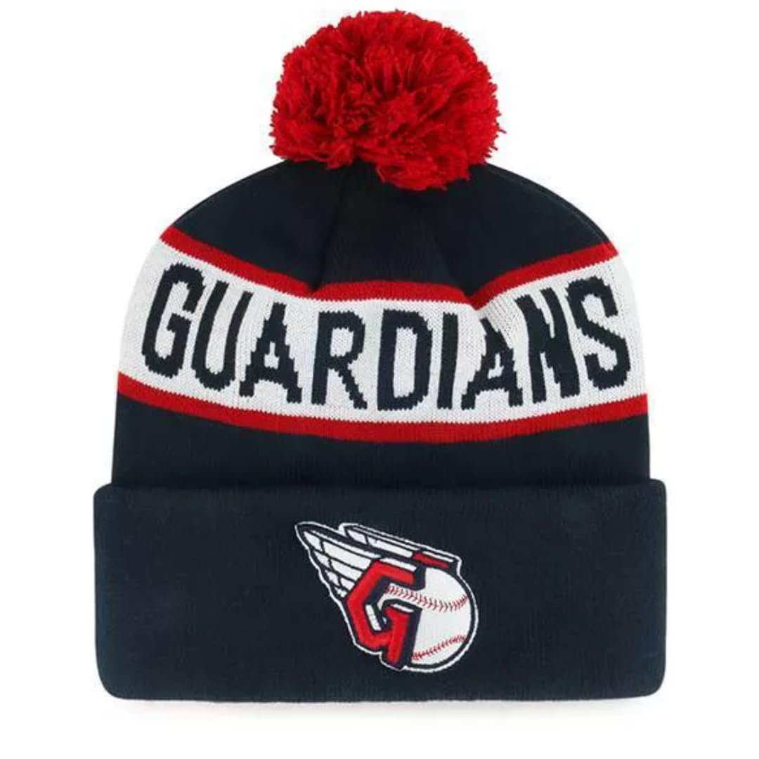 Officially Licensed Cleveland Guardians Baseball Cuffed Knit Pom Beanie Hat Classic Edition Primary Home Team Logo Navy Blue Winter Sports Embroidered Ball Cap