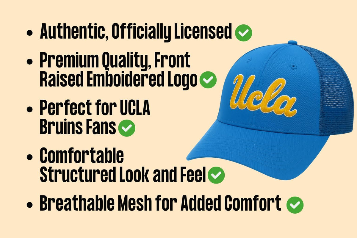 Officially Licensed University California Blue Mesh Trucker MVP Hat Classic Embroidered Bruins Team Logo Adjustable Structured Snapback Sports Cap