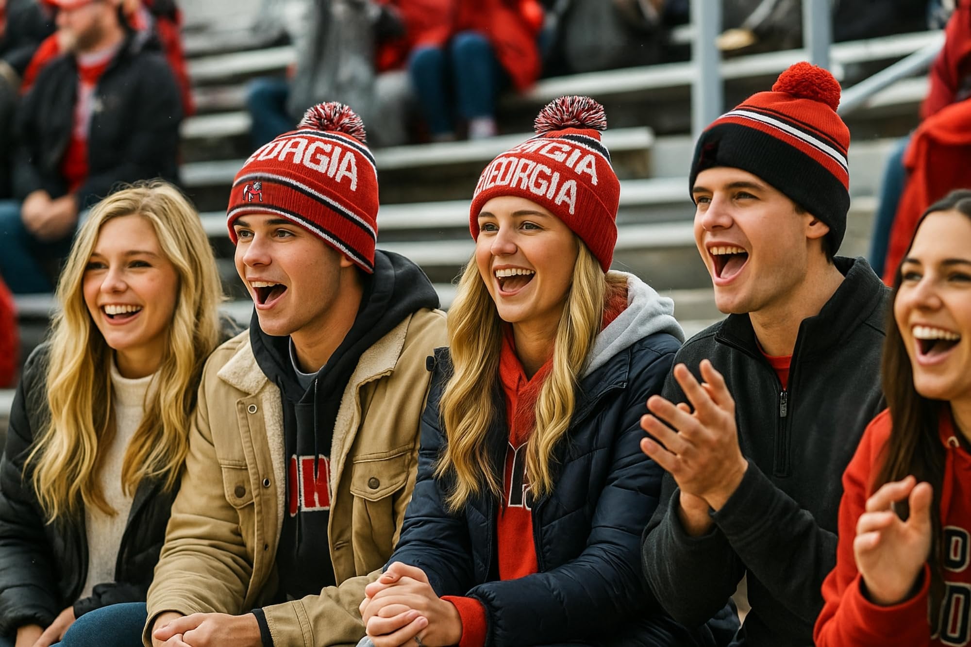 Officially Licensed Georgia Bulldogs Cuffed Knit Pom Beanie Hat Classic Bulldogs Embroidered Red/White Mascot Team Logo Winter Cap Multicolor