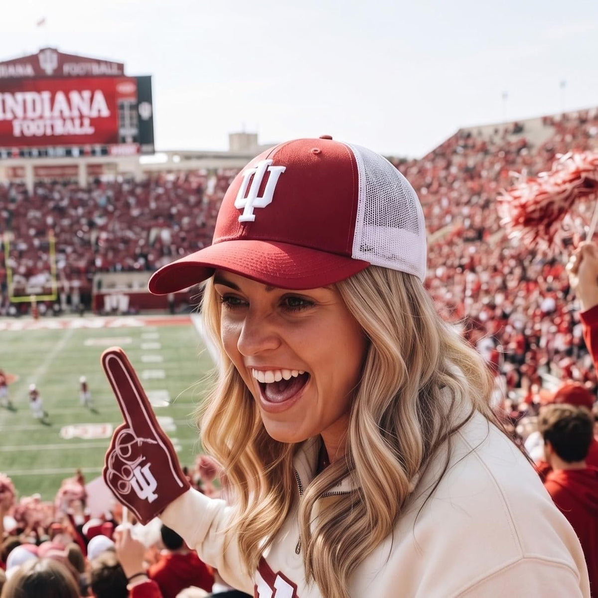 Indiana University Red White Mesh Trucker Hat Iconic IU Logo in Front