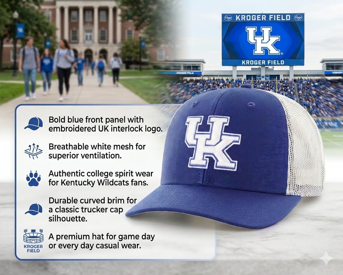 Officially Licensed University of Kentucky Wildcats Classic UK White/Blue Mesh Trucker Hat Adjustable Embroidered Cap