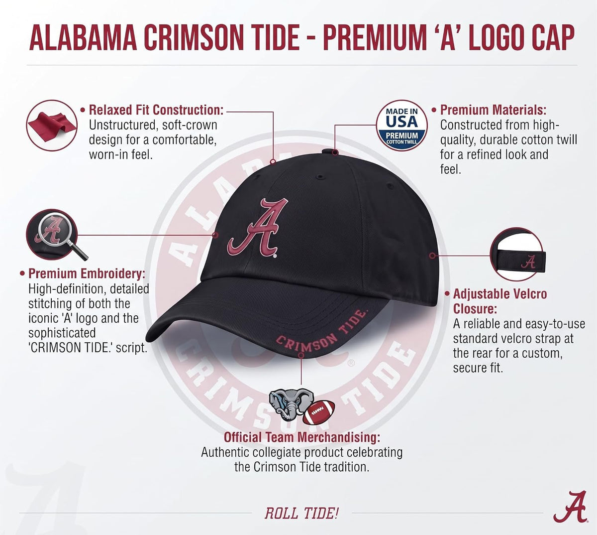 Alabama Crimson Tide Relaxed Fit Black Captain Hat Embroidered Script Logo