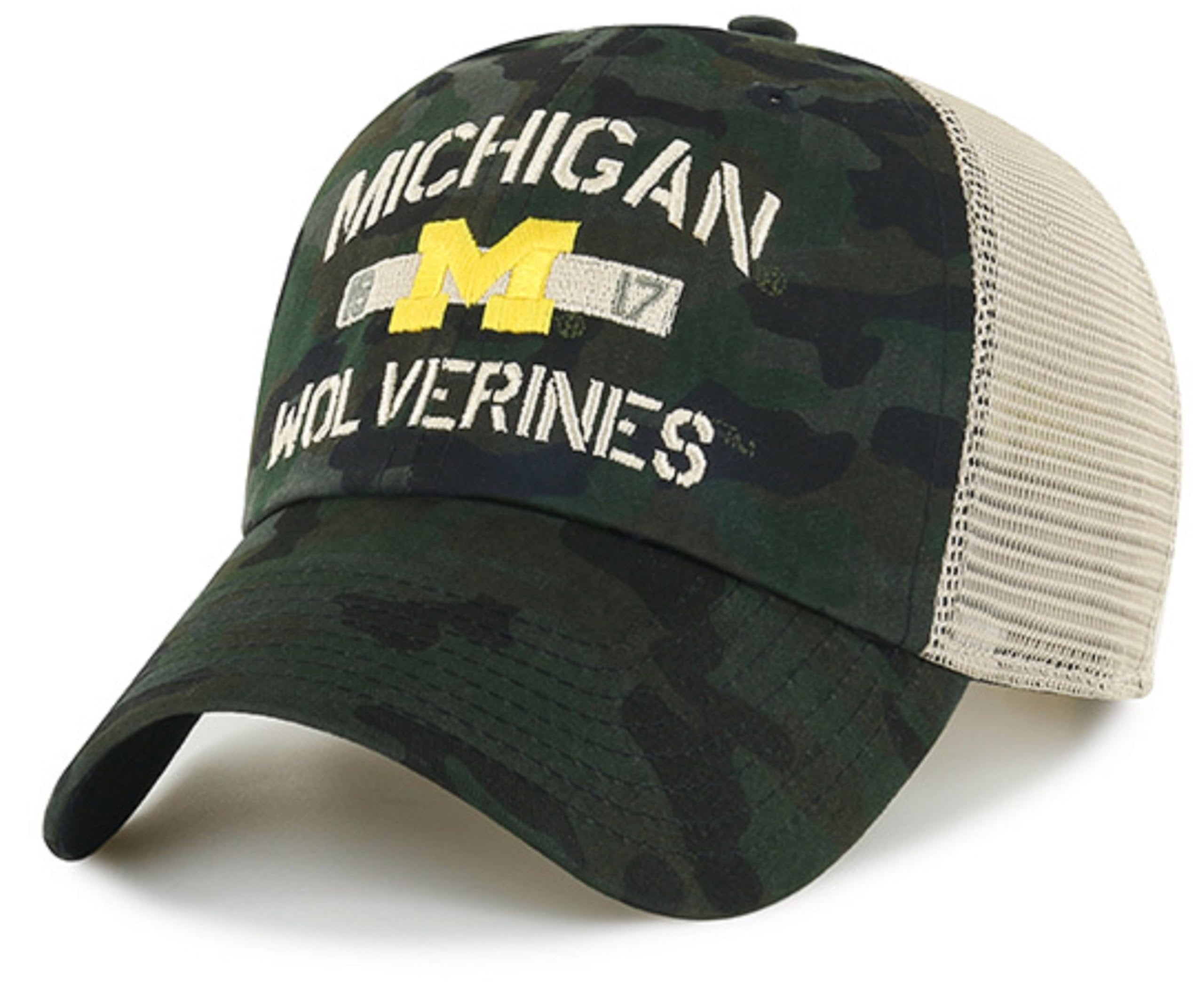 Officially Licensed Michigan University Camo Mesh Trucker Relaxed Fit Hat Classic Embroidered Team Logo Adjustable Snapback Sports Cap