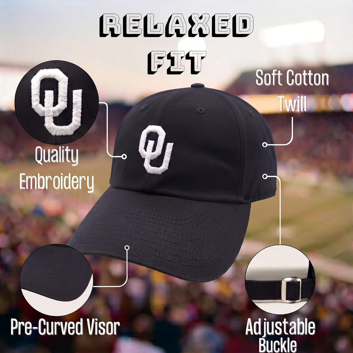Oklahoma Sooners Relaxed Fit Black Hat Striking White 'OU' Logo Unisex Cap