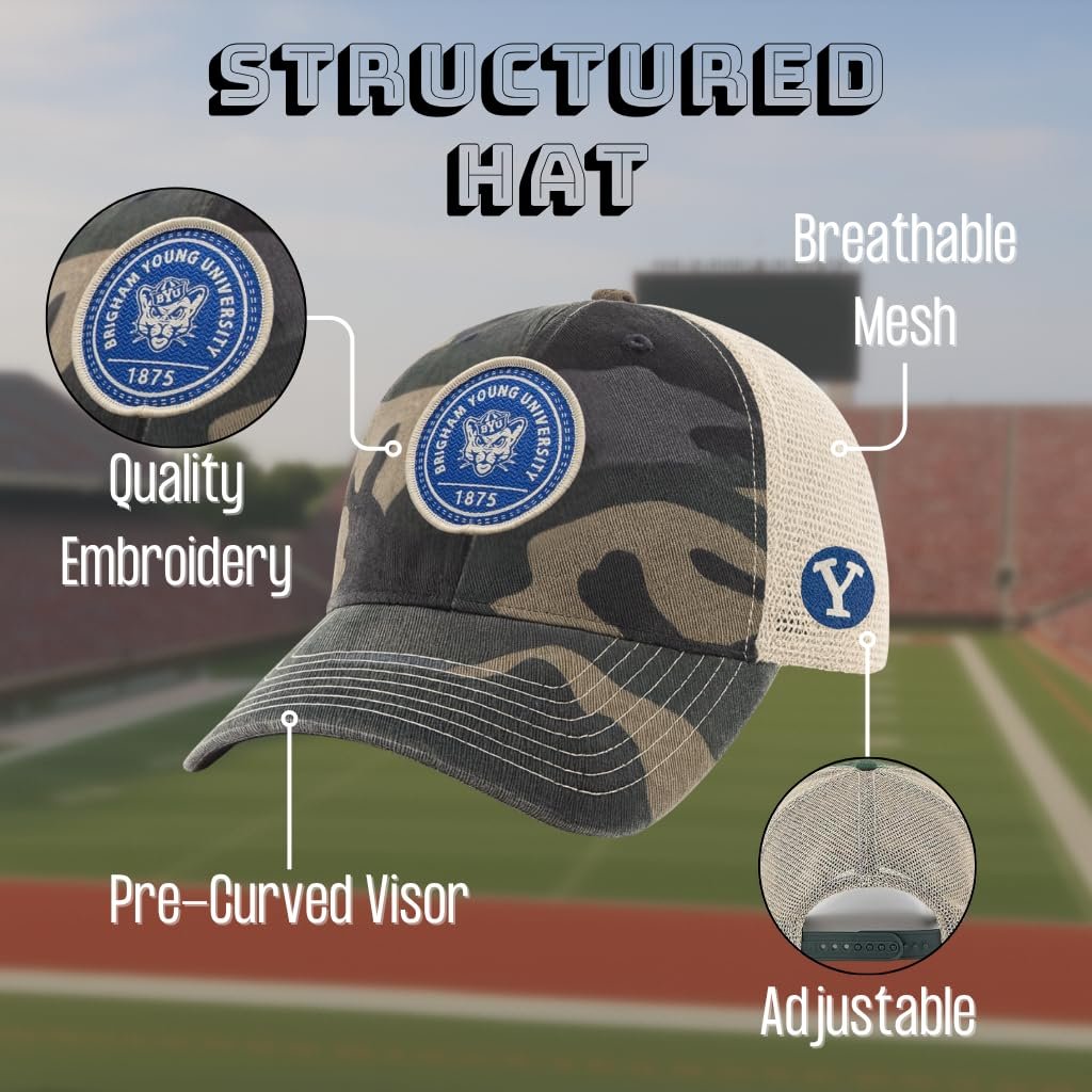 Officially Licensed BYU Cougars Camo Hat Classic Mesh Trucker Relaxed Fit Adjustable Embroidered Team Logo Cap Multicolor