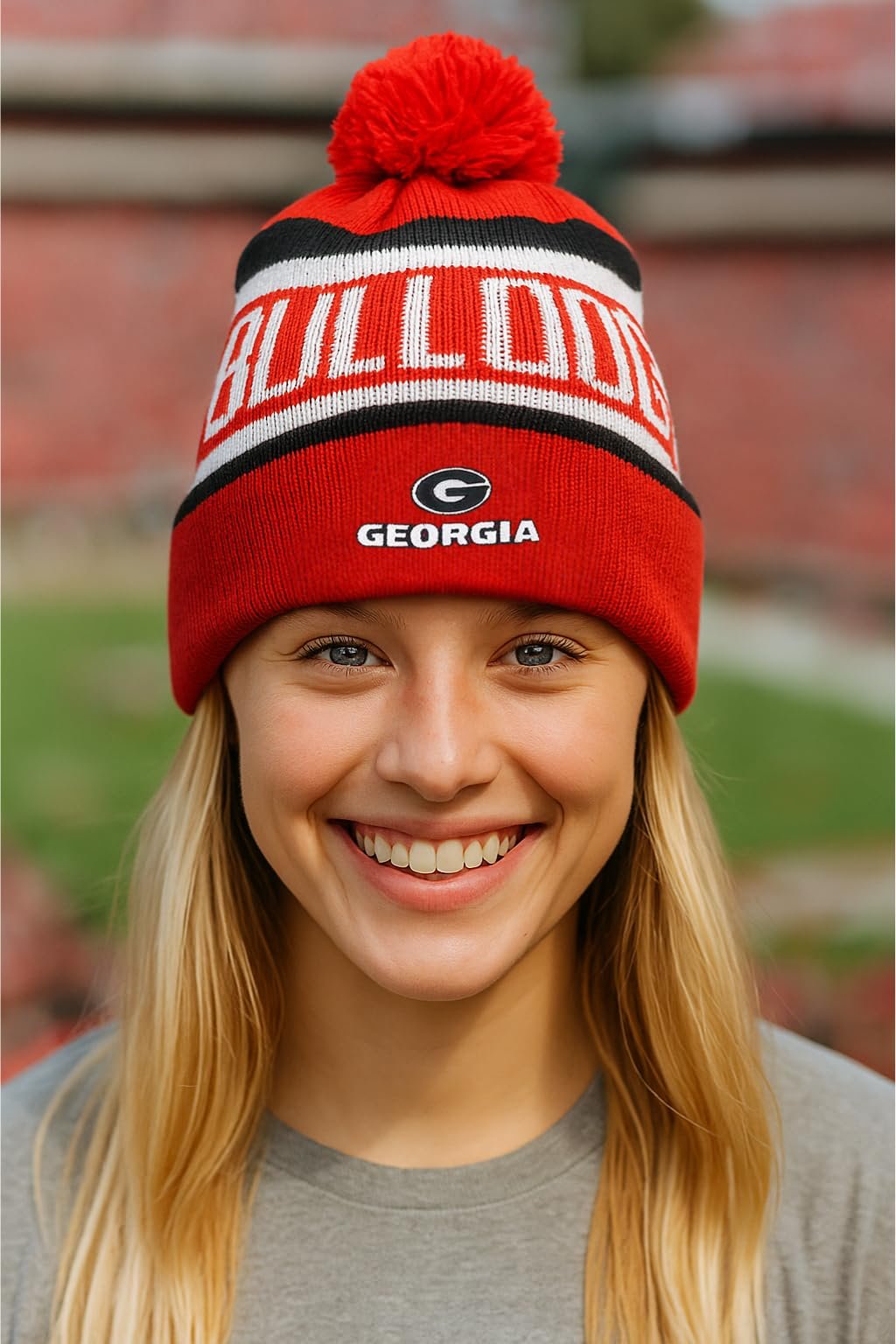 Officially Licensed Georgia Bulldogs Cuffed Knit Pom Beanie Hat Classic Edition Bulldogs Embroidered Team Logo Winter Cap Multicolor