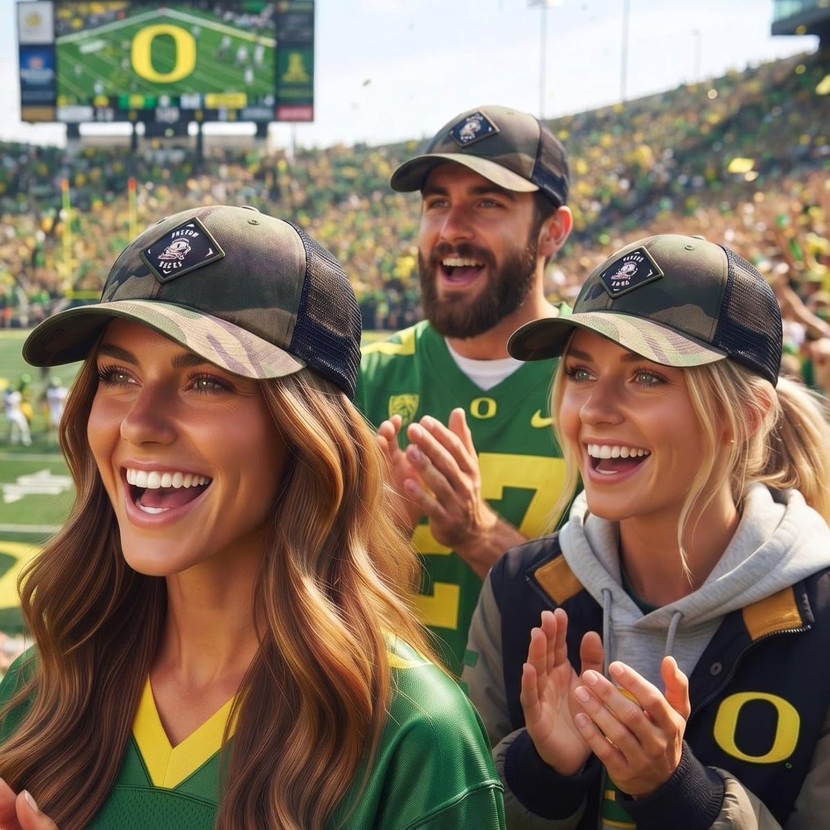 Oregon Ducks Camo Mesh Trucker Hat with Embroidered Patch Logo, Unisex Cap