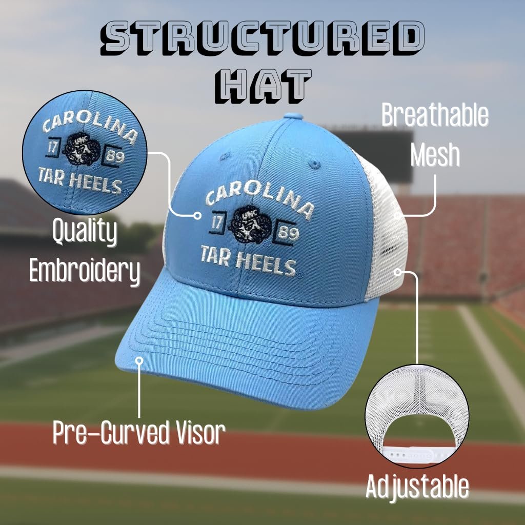 Officially Licensed UNC Tar Heels Hat Classic Mesh Trucker White/Blue Tar Heels Adjustable University North Carolina Team Logo Structured Snapback Baseball Sports Cap